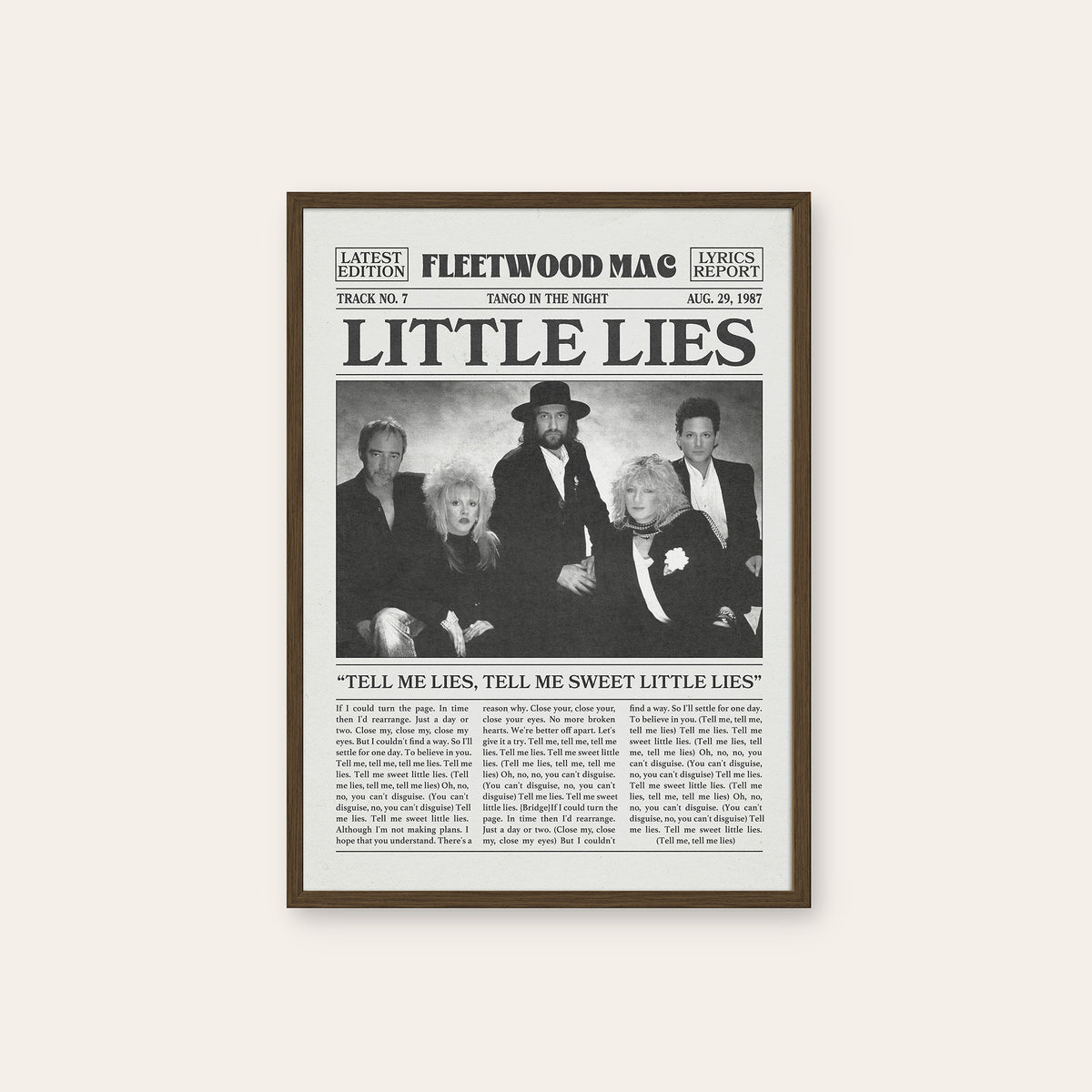 Fleetwood Mac Little Lies newspaper poster — dark wood frame