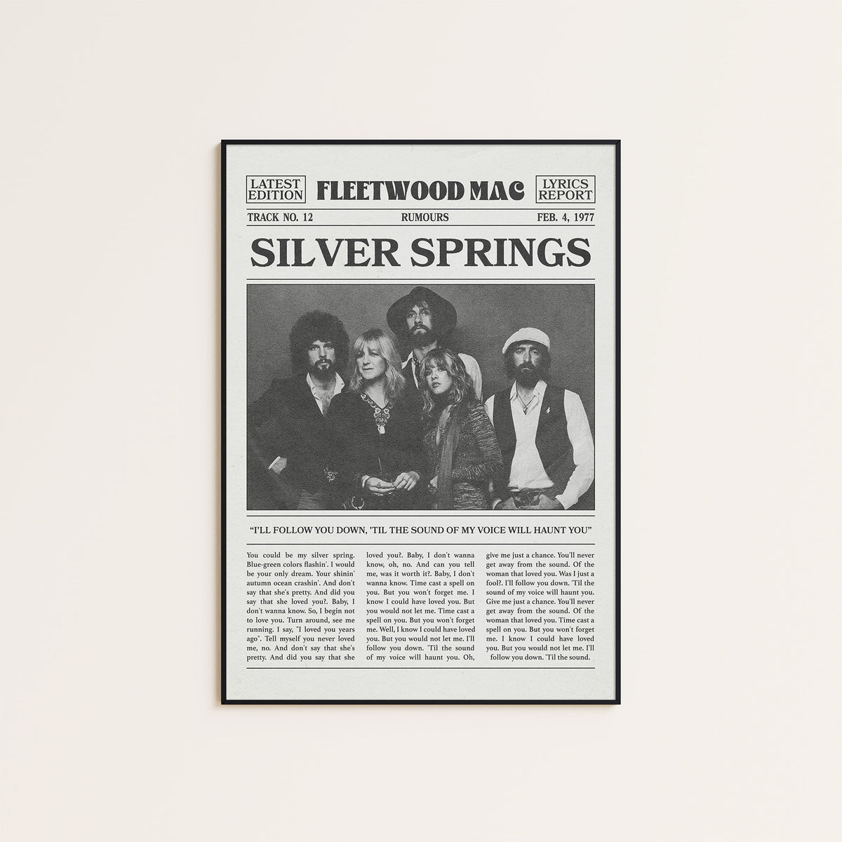 Fleetwood Mac Silver Springs newspaper poster — black frame display