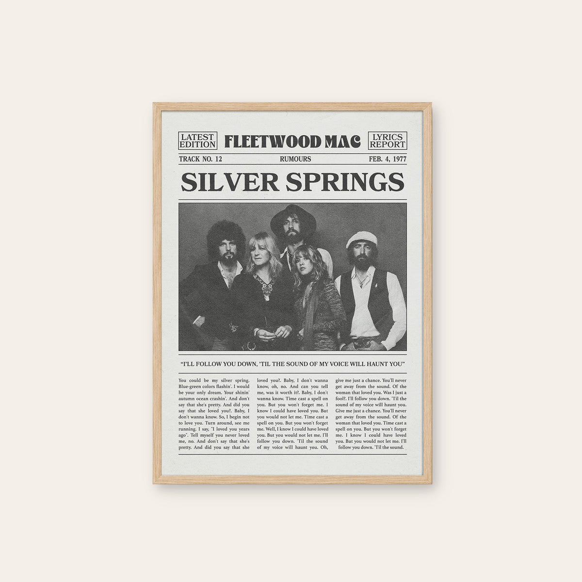 Fleetwood Mac Silver Springs newspaper poster — natural wood frame