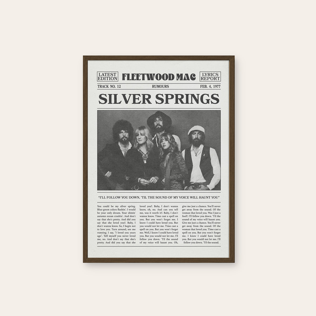 Fleetwood Mac Silver Springs newspaper poster — dark wood frame