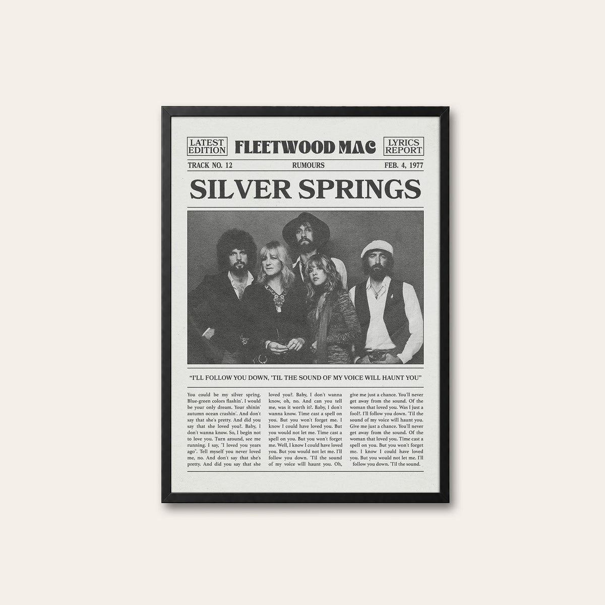 Fleetwood Mac Silver Springs newspaper poster — black frame