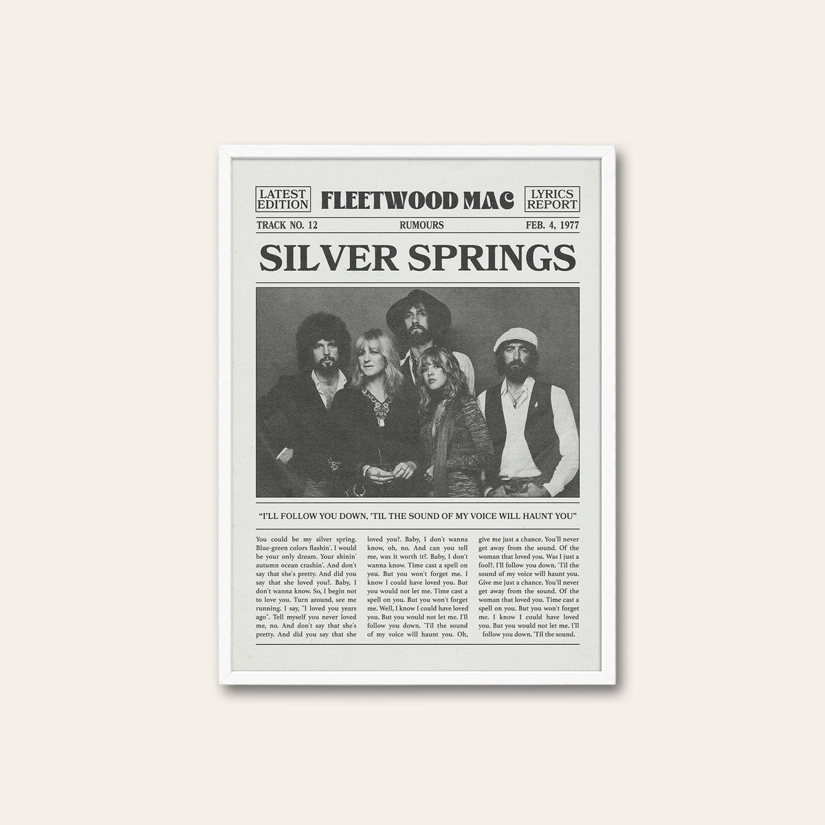 Fleetwood Mac Silver Springs newspaper poster — white frame