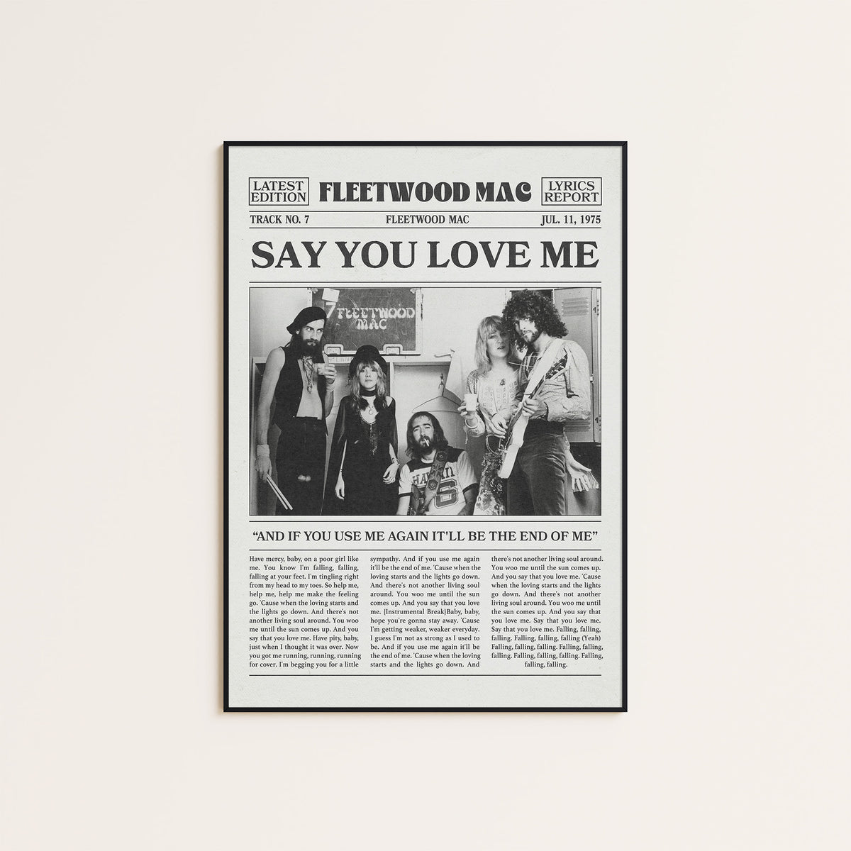 Fleetwood Mac Say You Love Me newspaper poster — black frame display