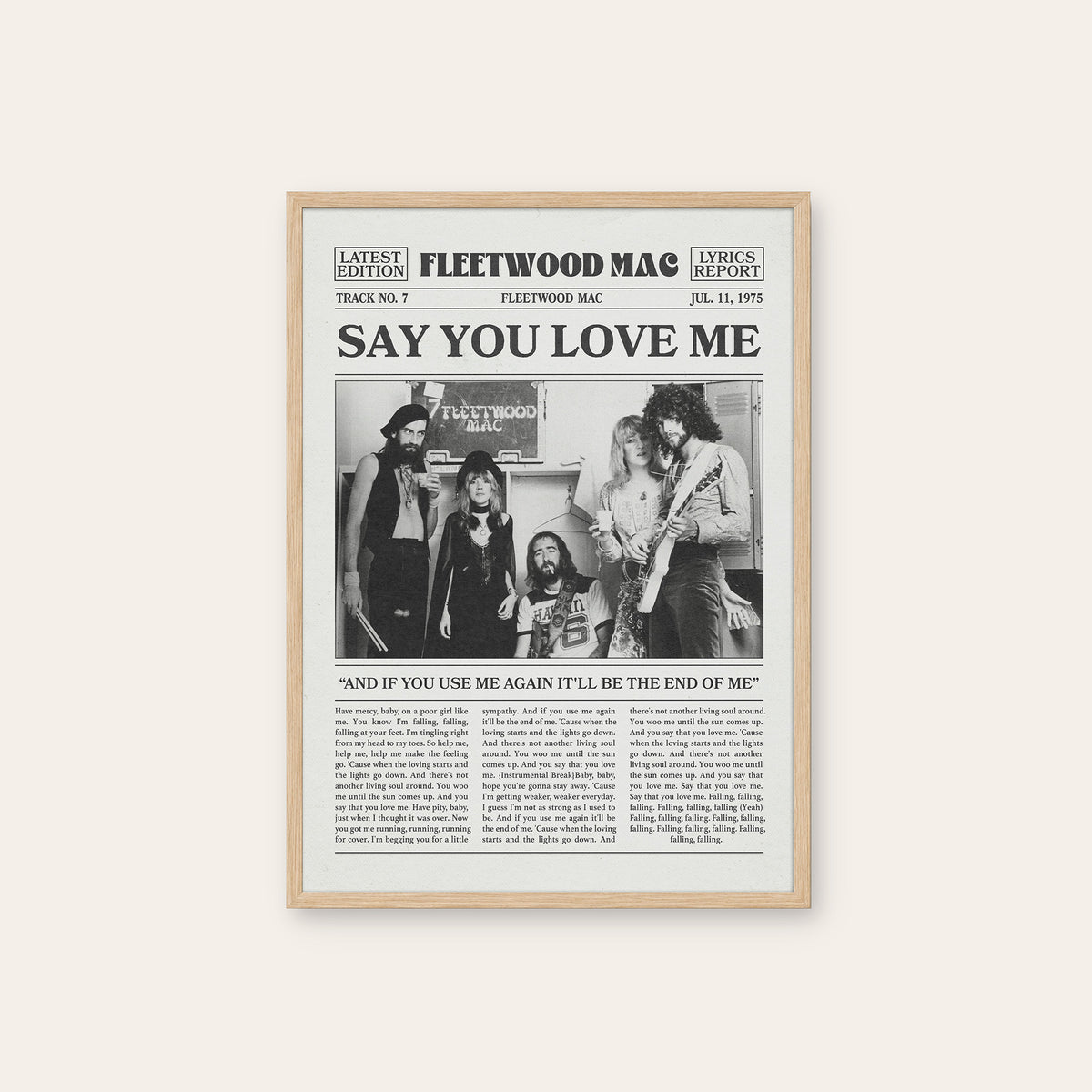 Fleetwood Mac Say You Love Me newspaper poster — natural wood frame