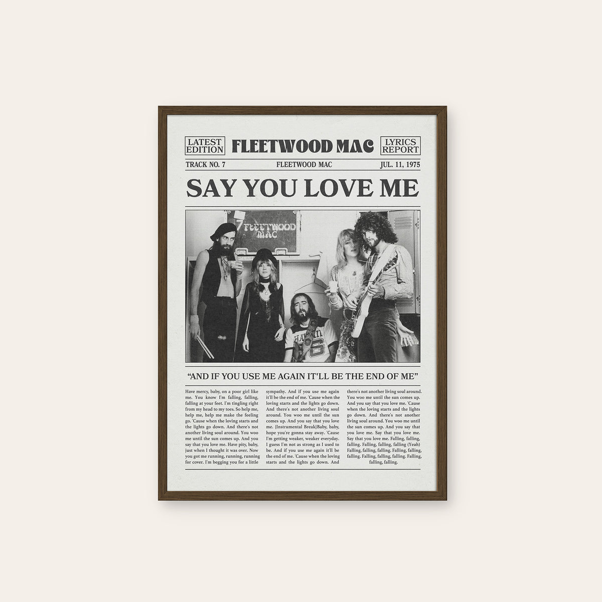 Fleetwood Mac Say You Love Me newspaper poster — dark wood frame