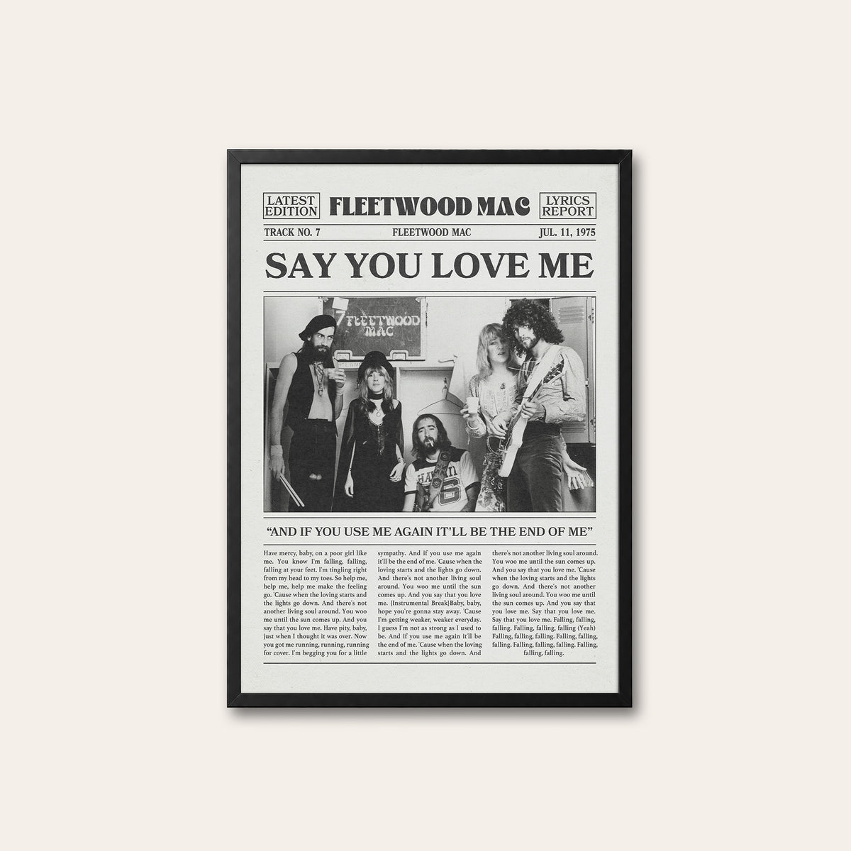 Fleetwood Mac Say You Love Me newspaper poster — black frame