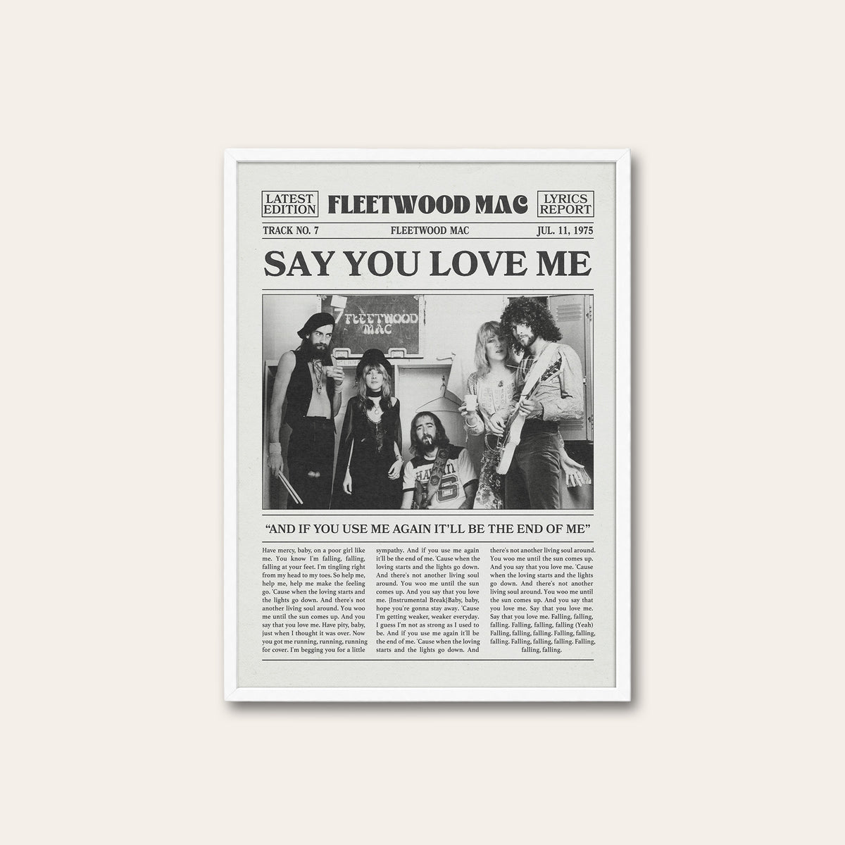 Fleetwood Mac Say You Love Me newspaper poster — white frame
