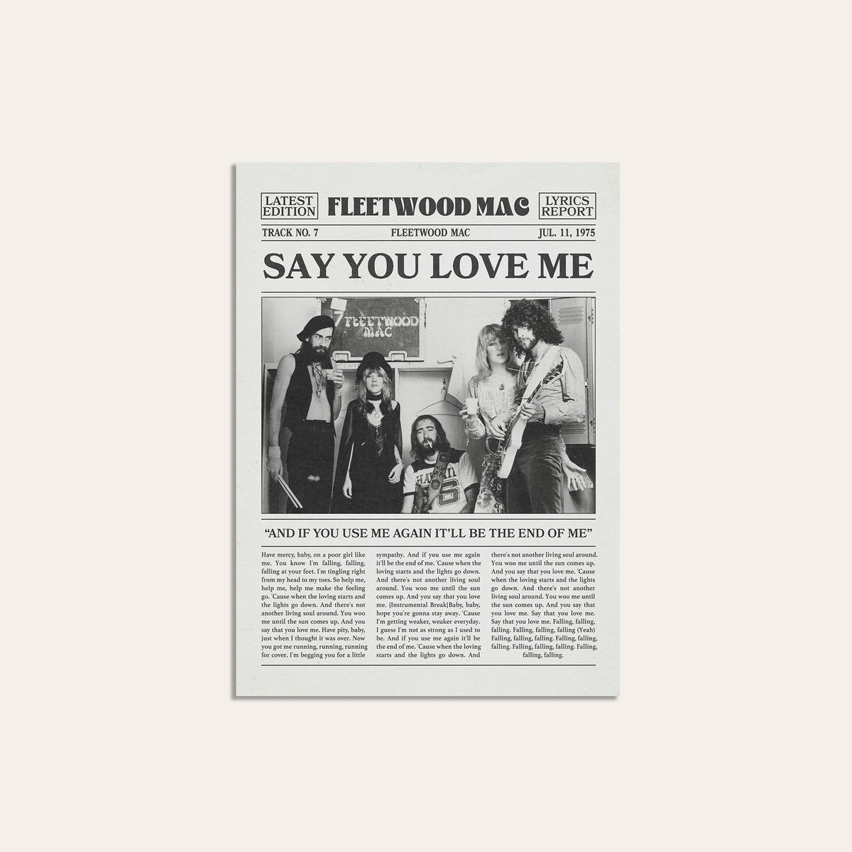 Fleetwood Mac Say You Love Me newspaper poster — unframed print