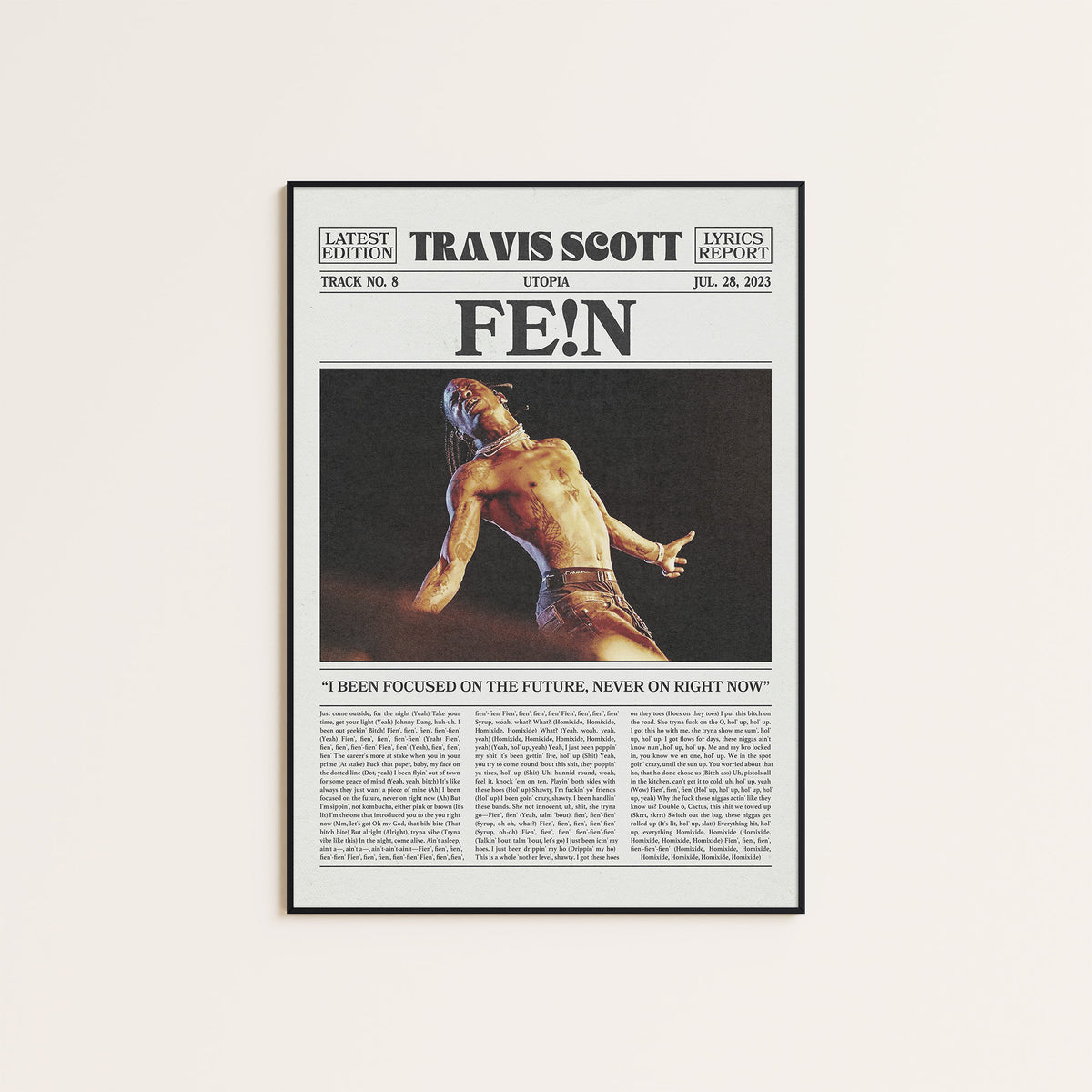 Travis Scott FE!N newspaper poster, Color — black frame display