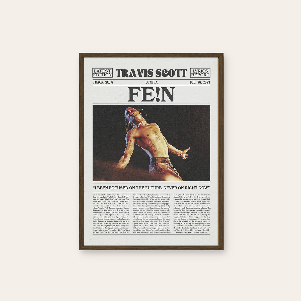 Travis Scott FE!N newspaper poster, Color — dark wood frame