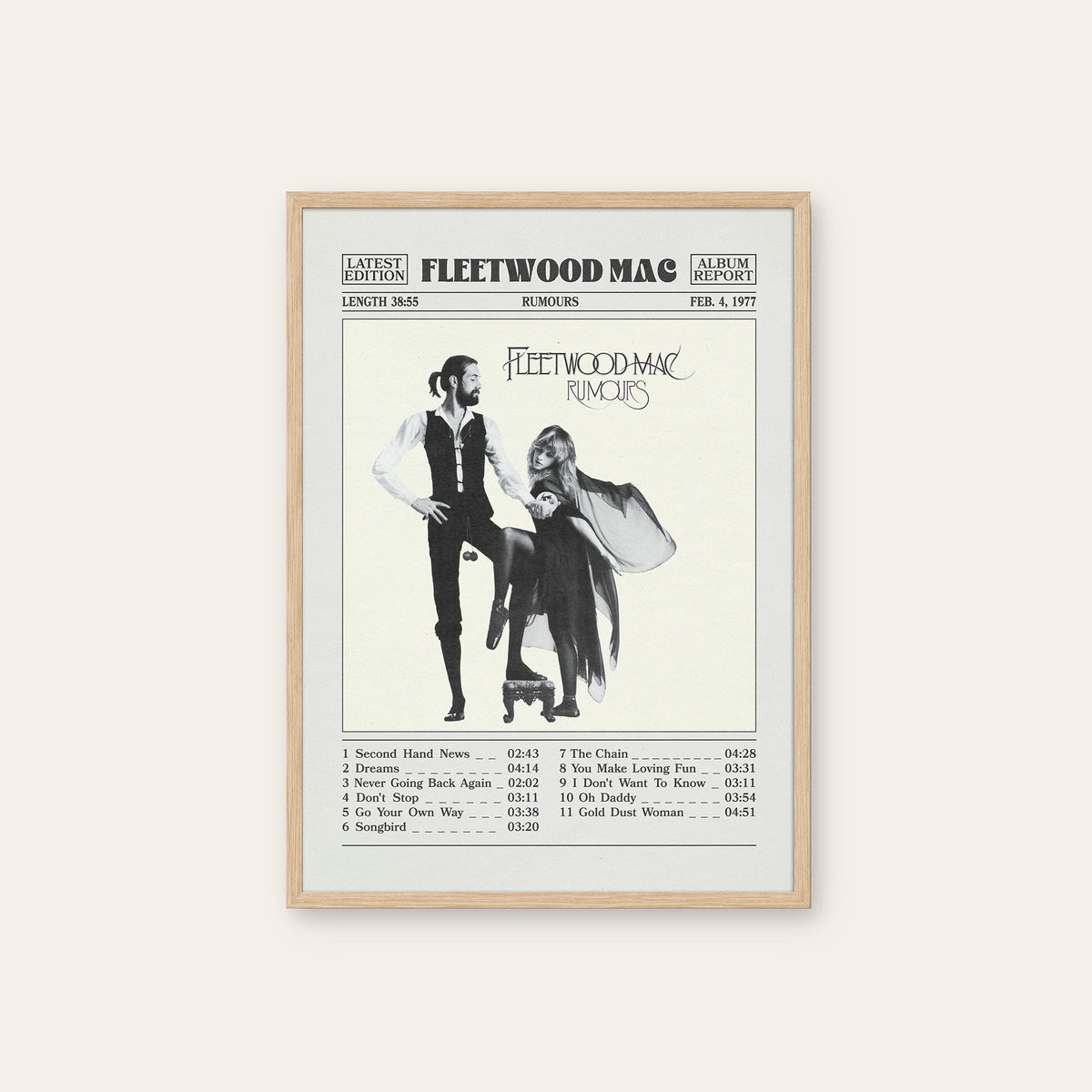 Fleetwood Mac Rumours Album Report album poster — natural wood frame