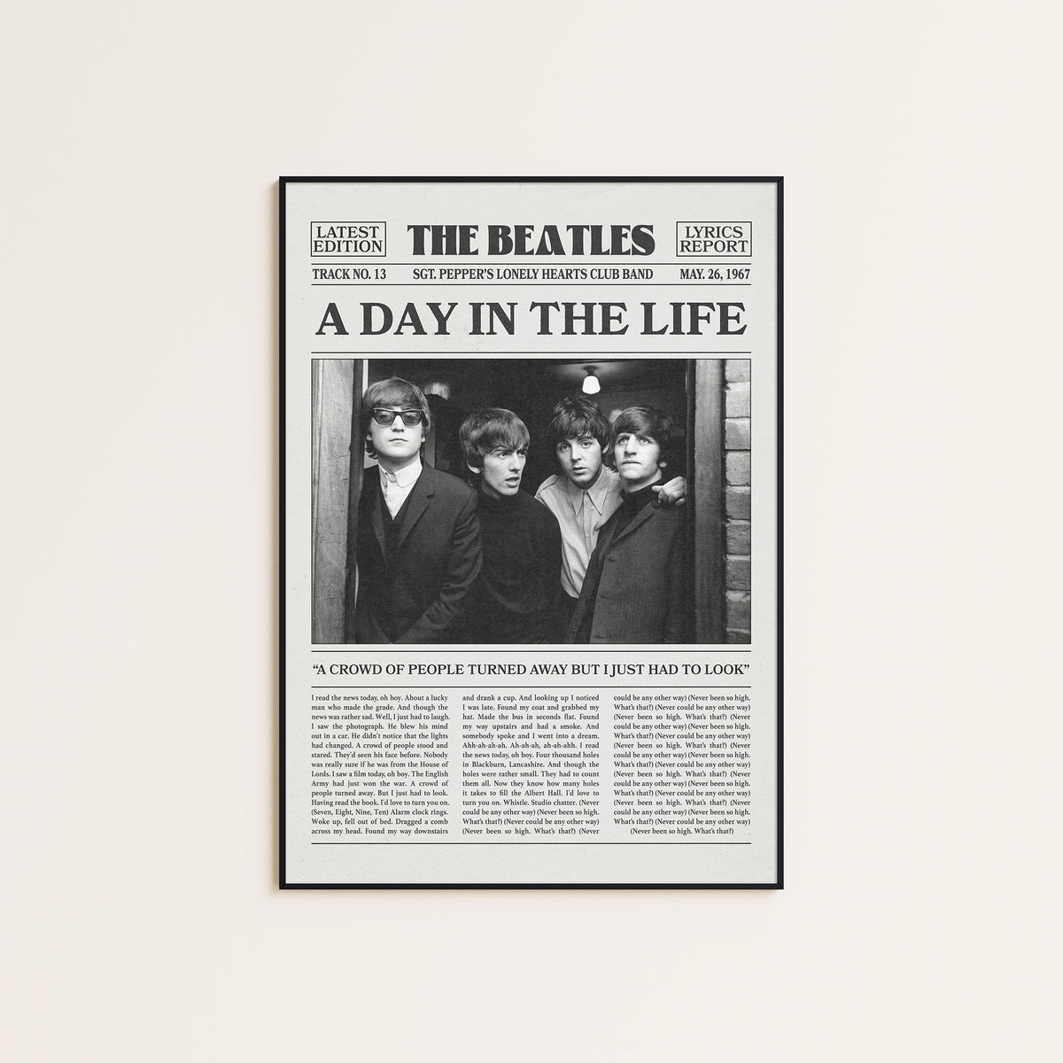 The Beatles A Day in the Life newspaper poster — black frame display