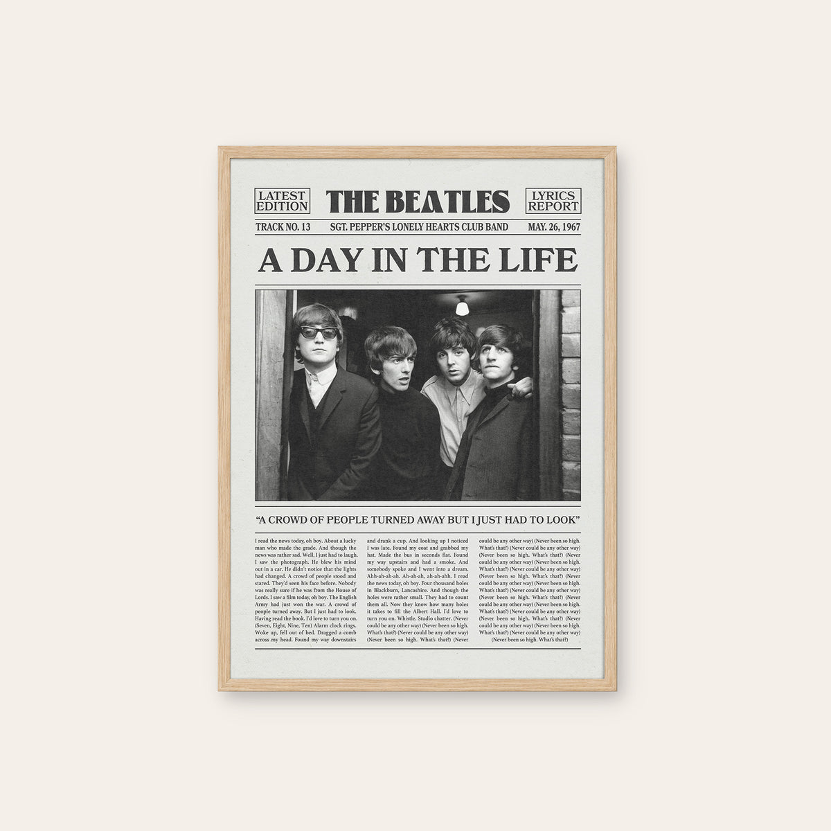 The Beatles A Day in the Life newspaper poster — natural wood frame