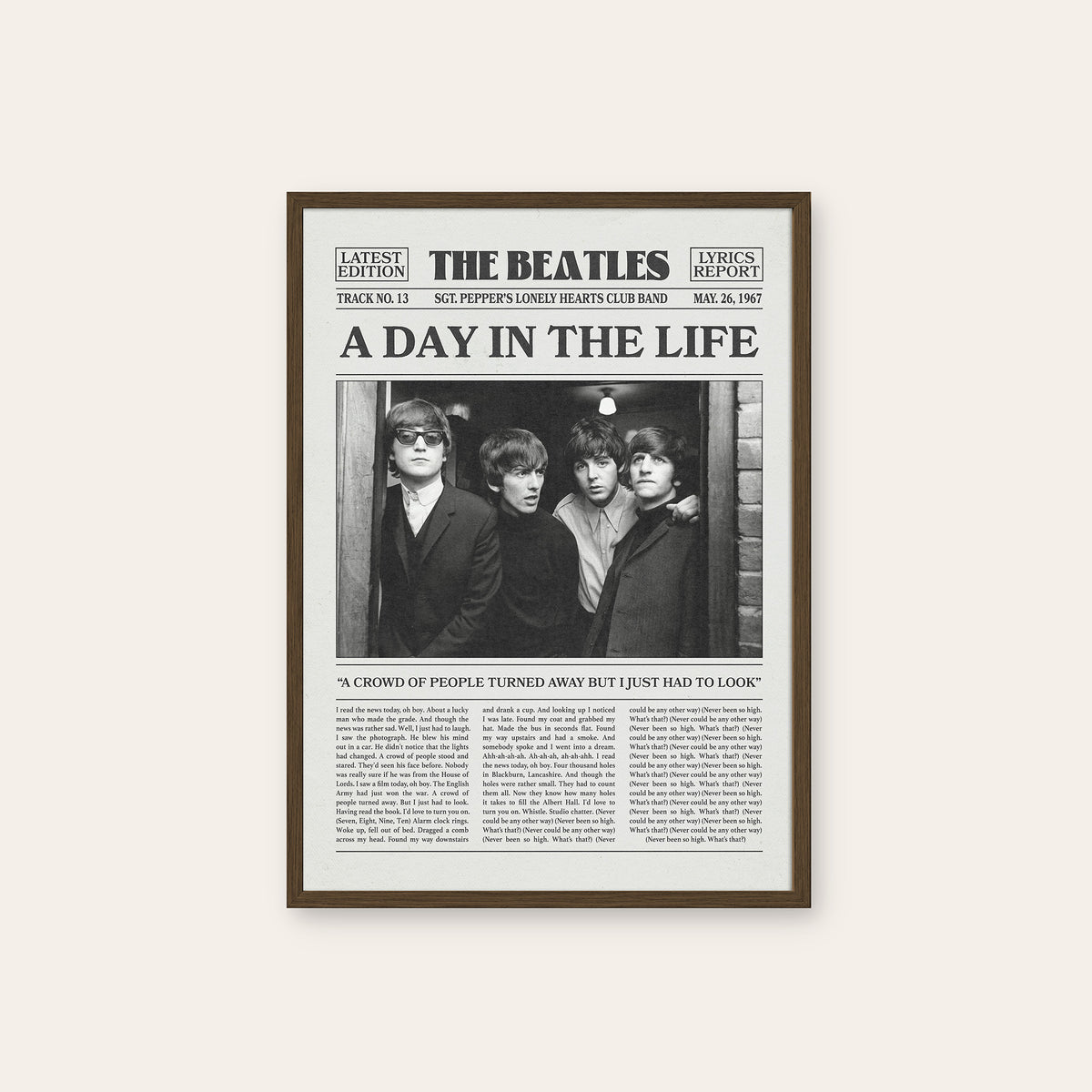 The Beatles A Day in the Life newspaper poster — dark wood frame
