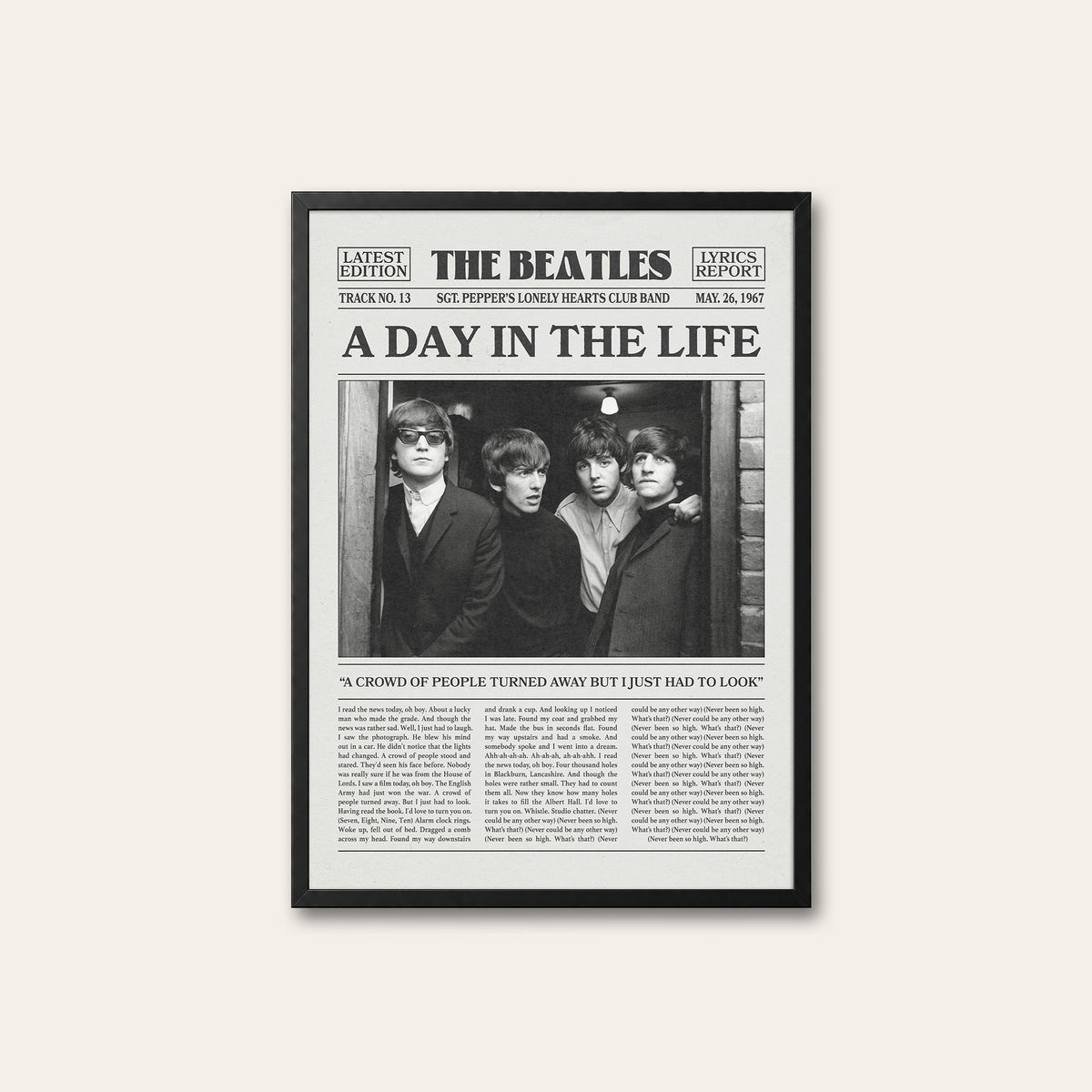 The Beatles A Day in the Life newspaper poster — black frame
