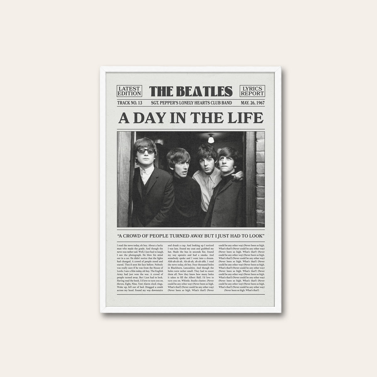 The Beatles A Day in the Life newspaper poster — white frame