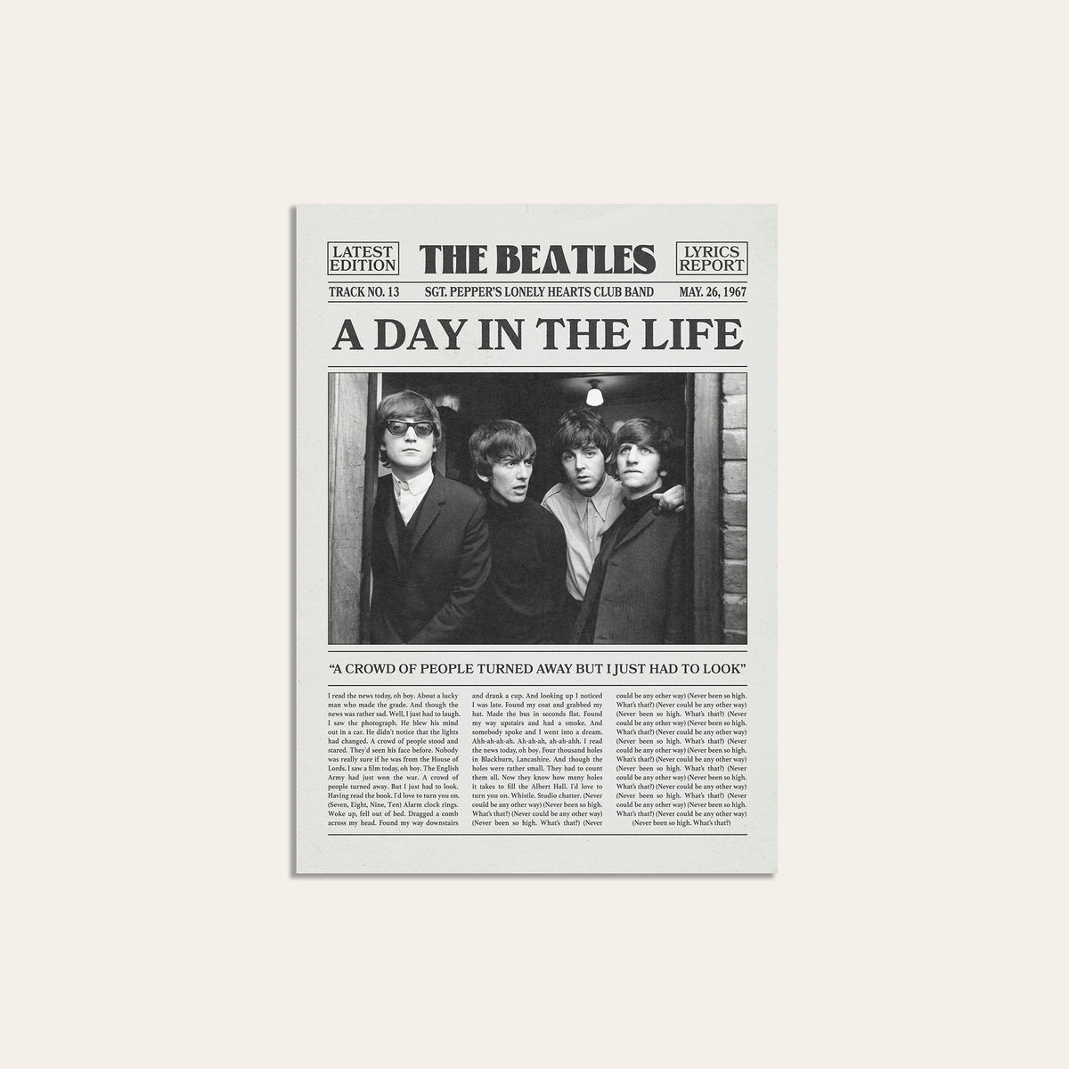The Beatles A Day in the Life newspaper poster — unframed print