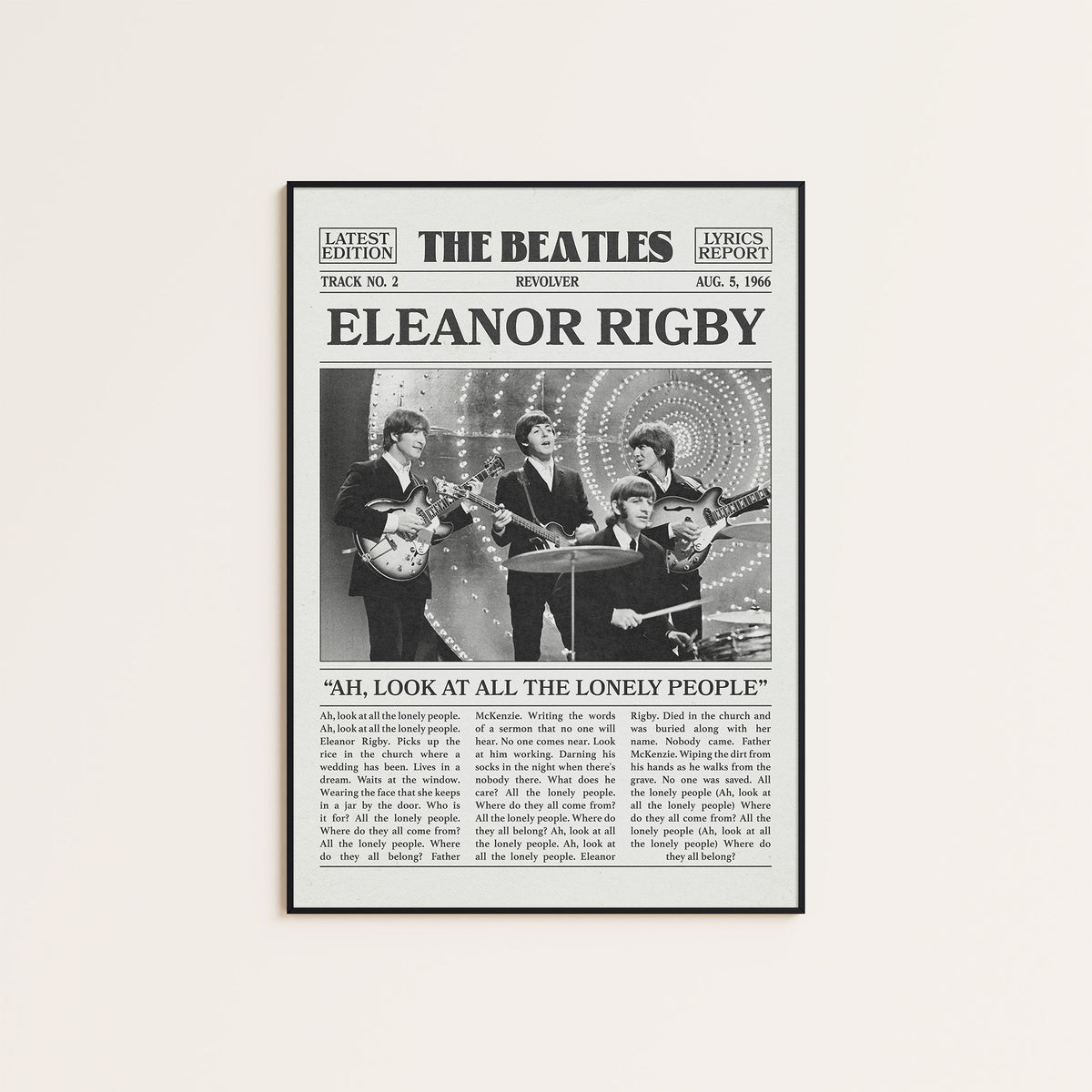 The Beatles Eleanor Rigby newspaper poster — black frame display