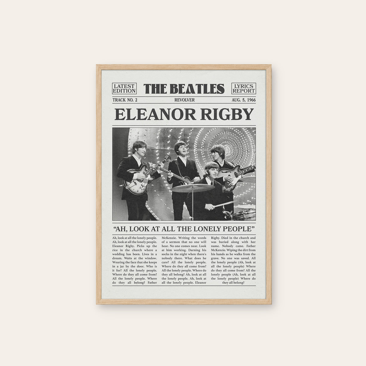 The Beatles Eleanor Rigby newspaper poster — natural wood frame
