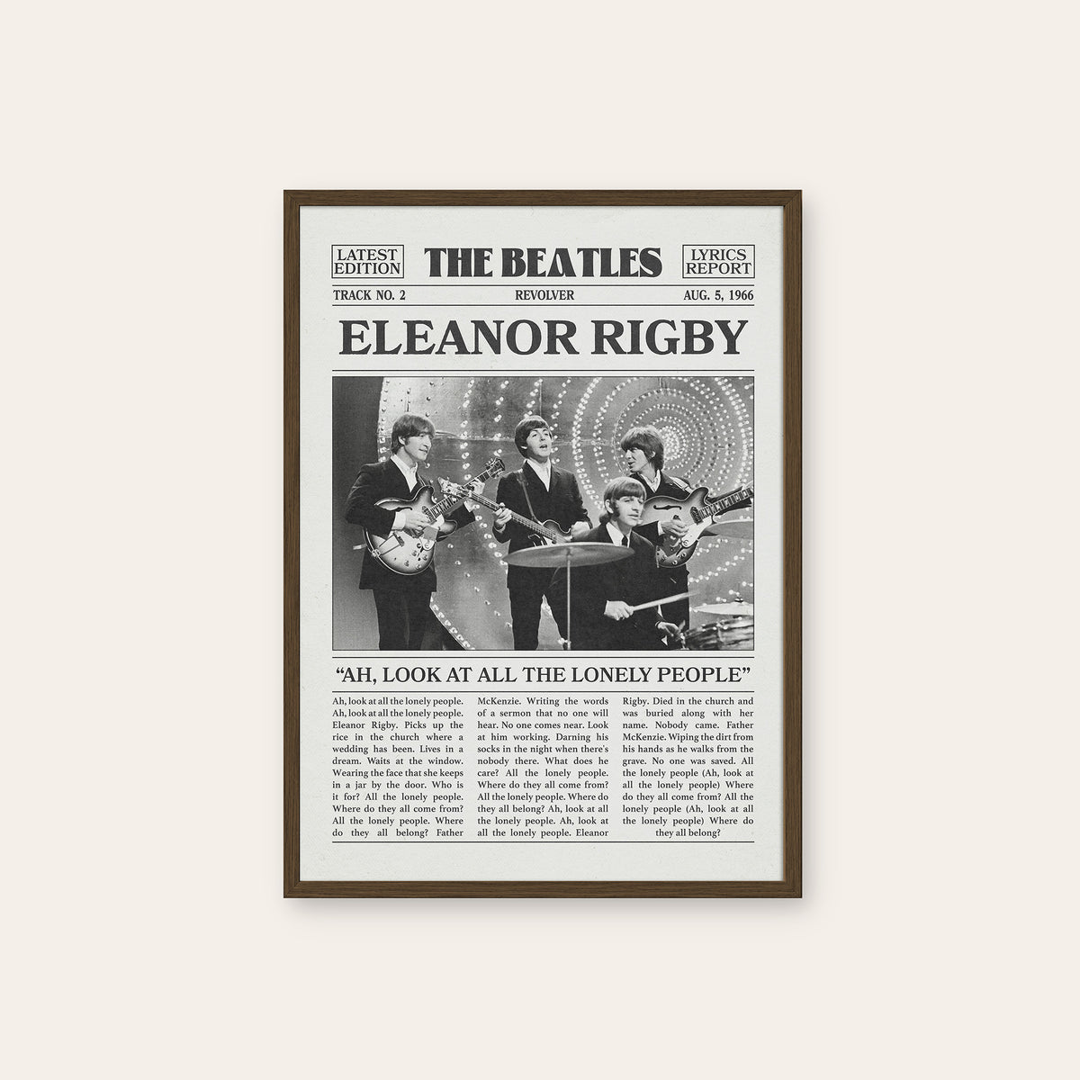 The Beatles Eleanor Rigby newspaper poster — dark wood frame