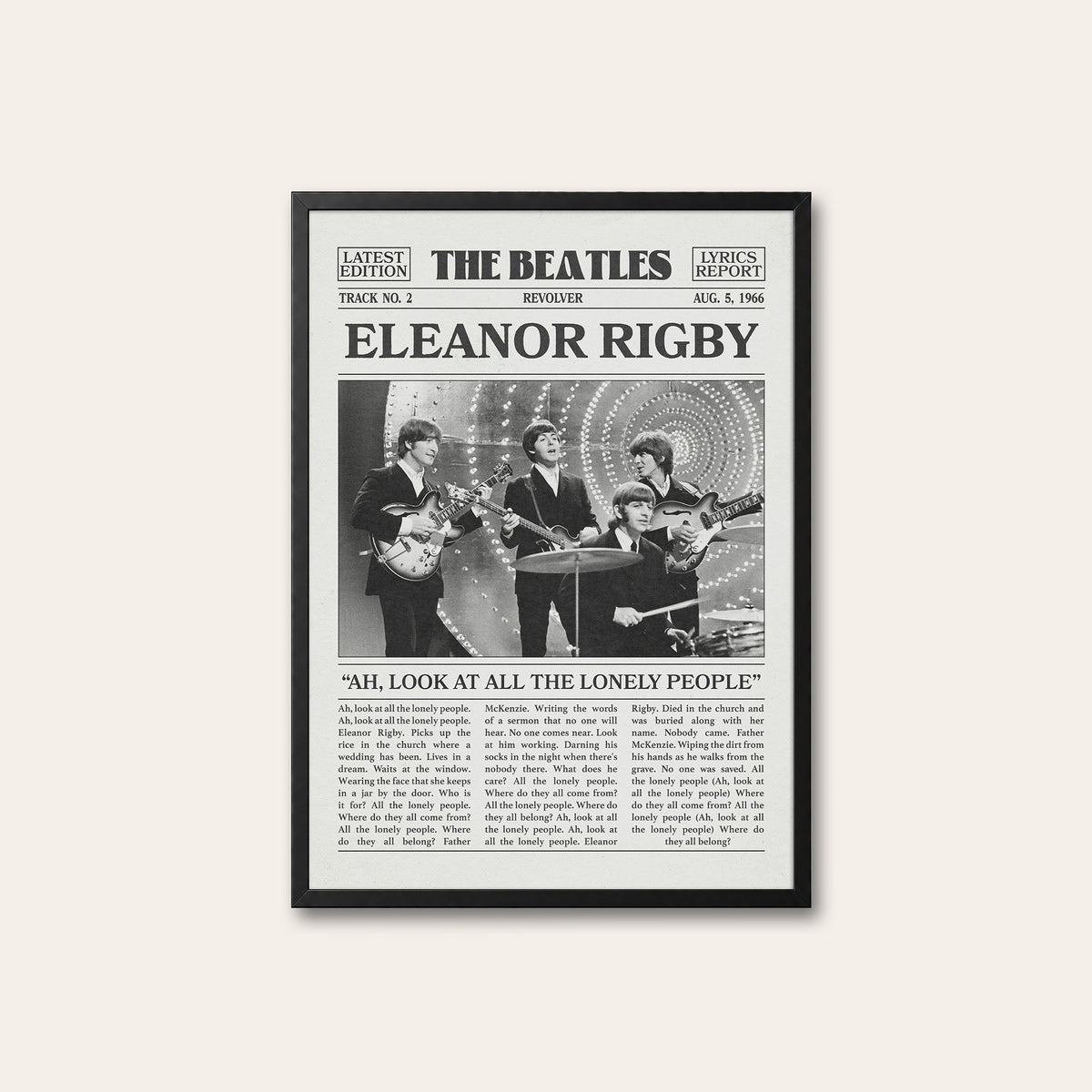 The Beatles Eleanor Rigby newspaper poster — black frame