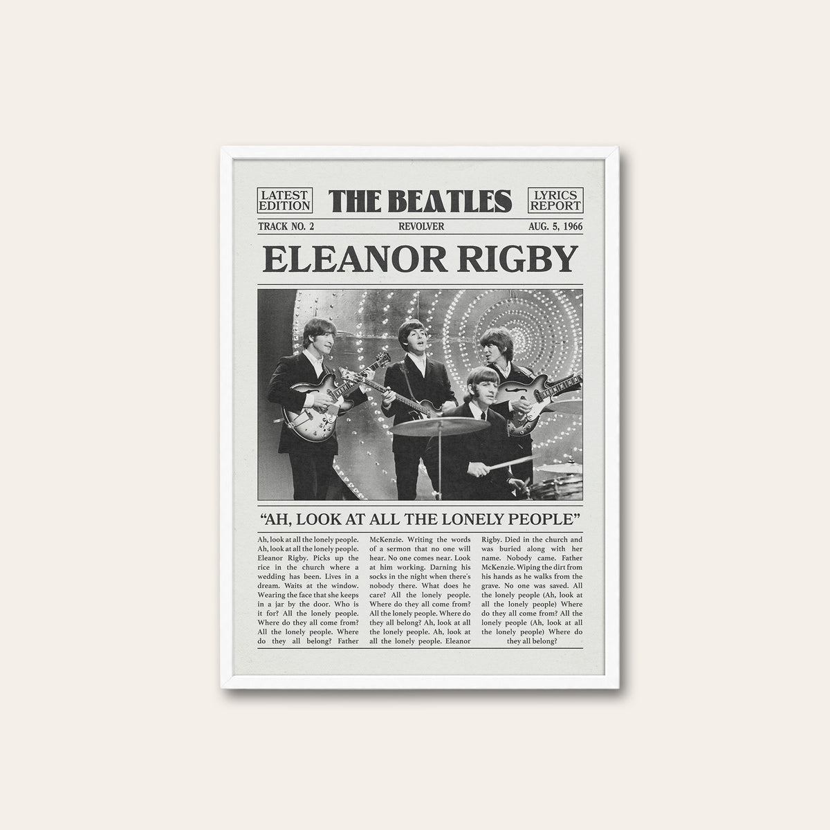 The Beatles Eleanor Rigby newspaper poster — white frame