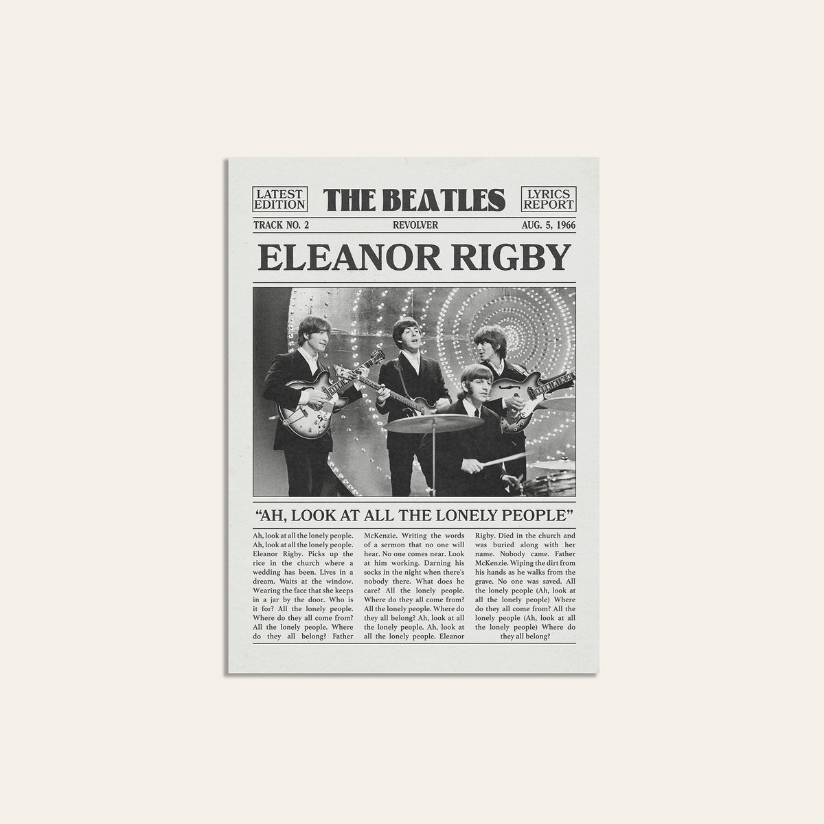 The Beatles Eleanor Rigby newspaper poster — unframed print