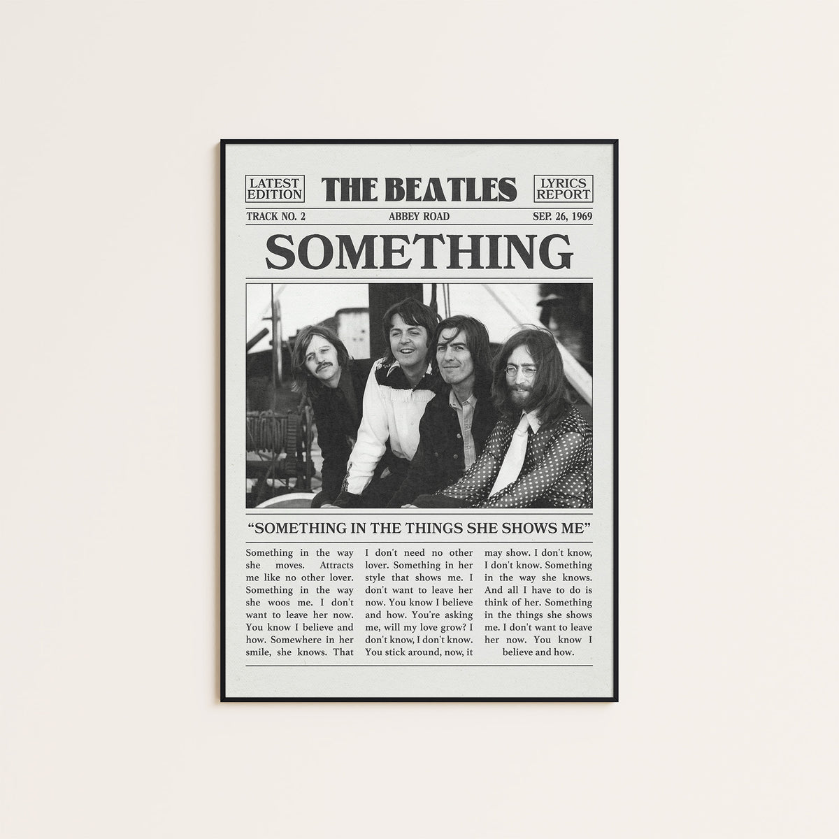 The Beatles Something newspaper poster — black frame display