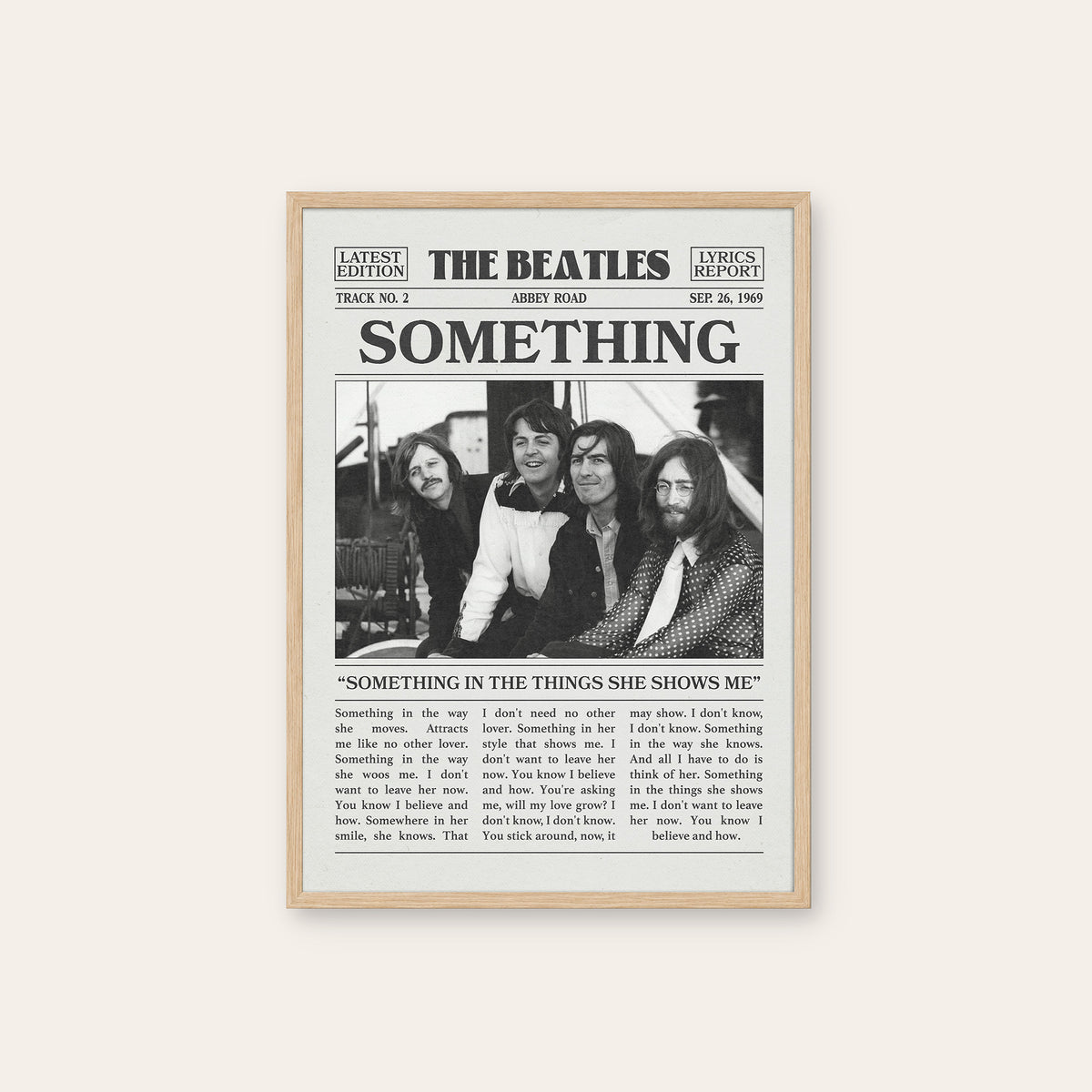 The Beatles Something newspaper poster — natural wood frame