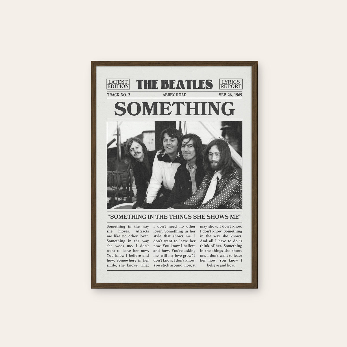 The Beatles Something newspaper poster — dark wood frame