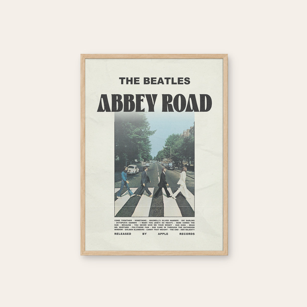 The Beatles Abbey Road album poster — natural wood frame