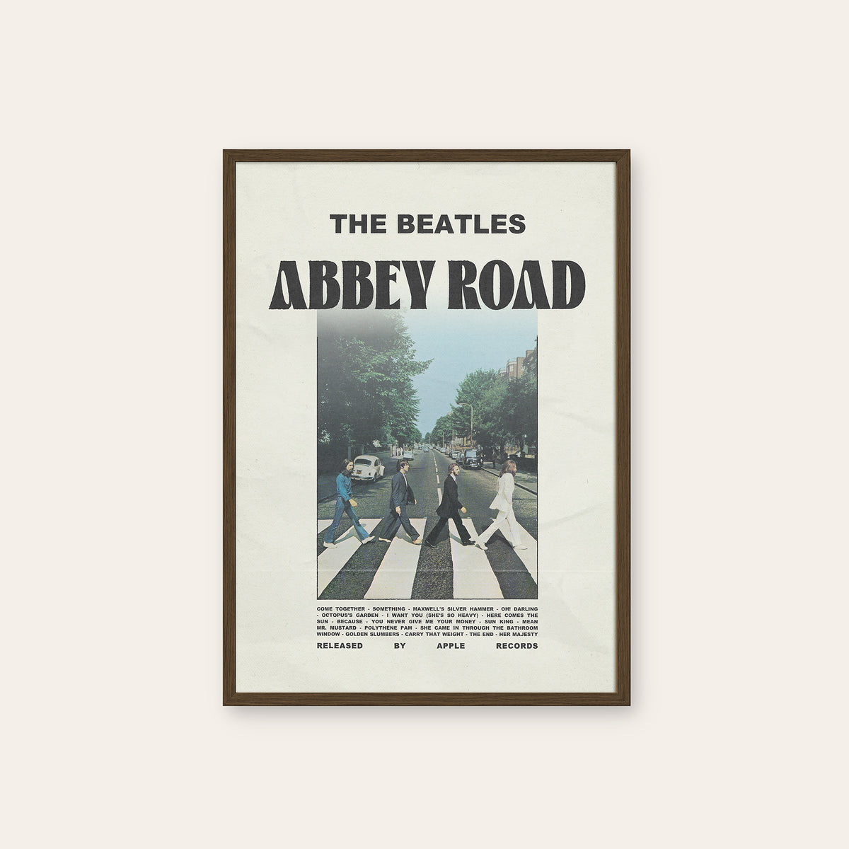 The Beatles Abbey Road album poster — dark wood frame