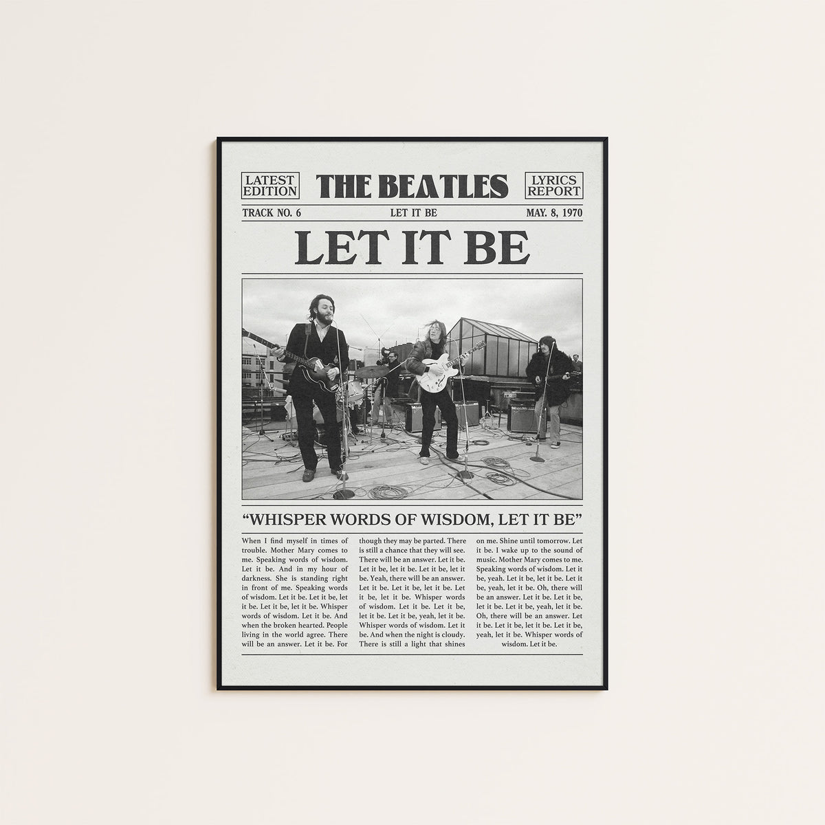 The Beatles Let It Be newspaper poster — black frame display