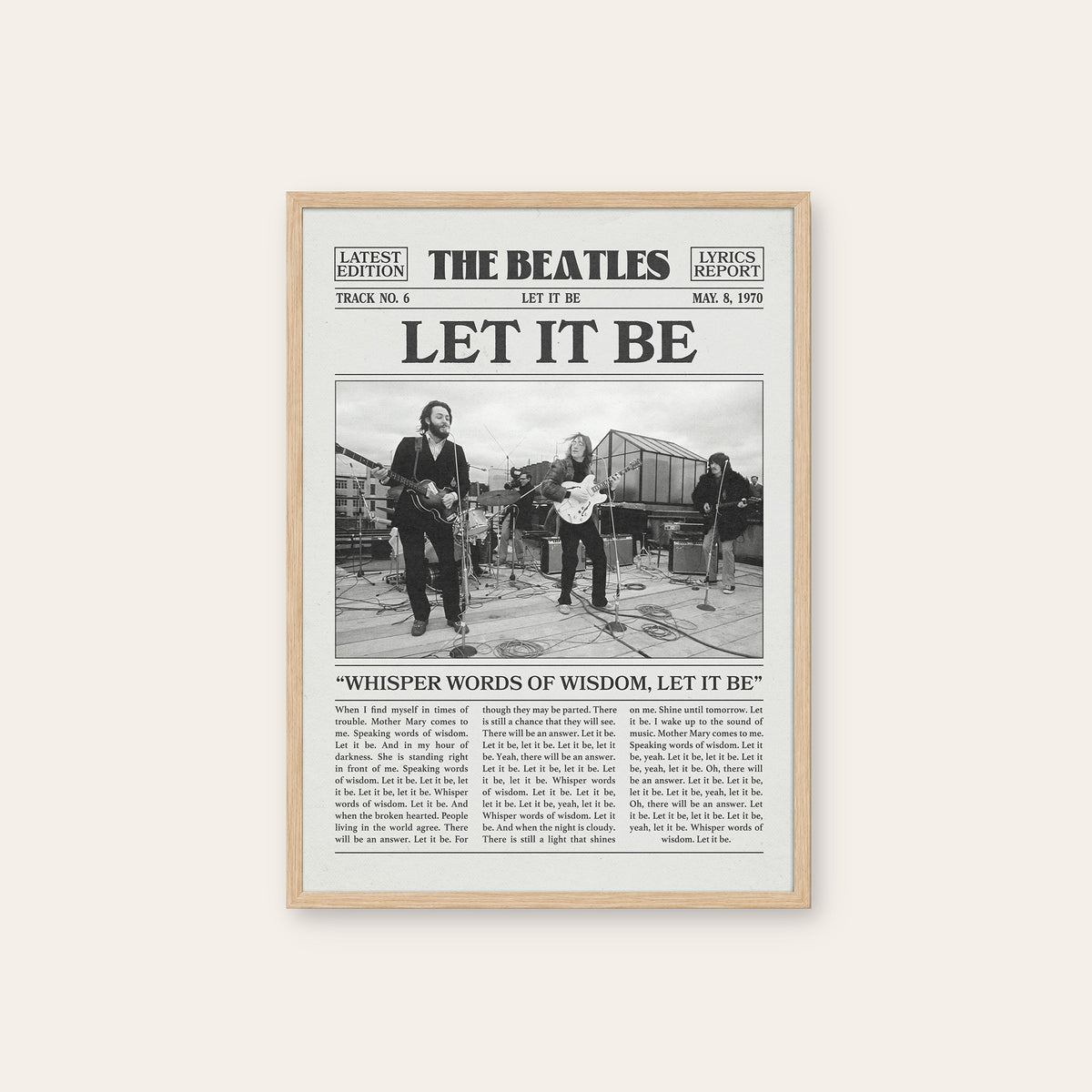 The Beatles Let It Be newspaper poster — natural wood frame