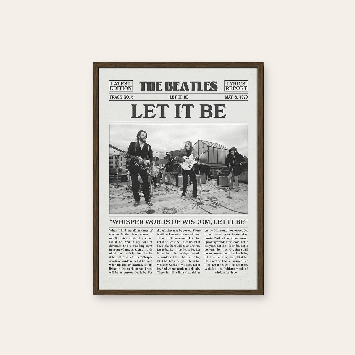 The Beatles Let It Be newspaper poster — dark wood frame