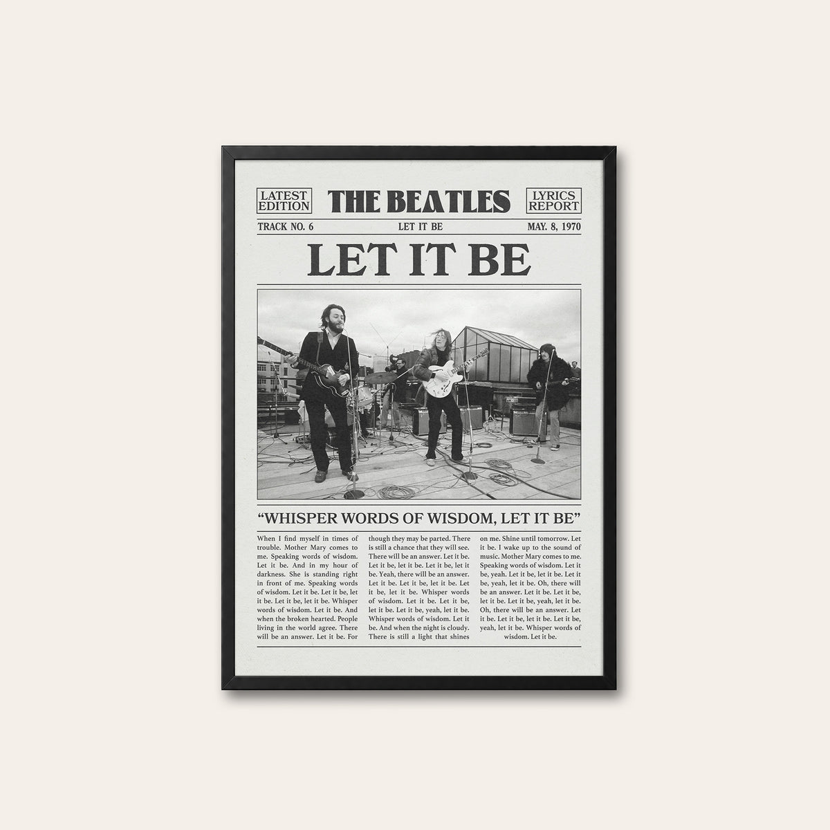 The Beatles Let It Be newspaper poster — black frame