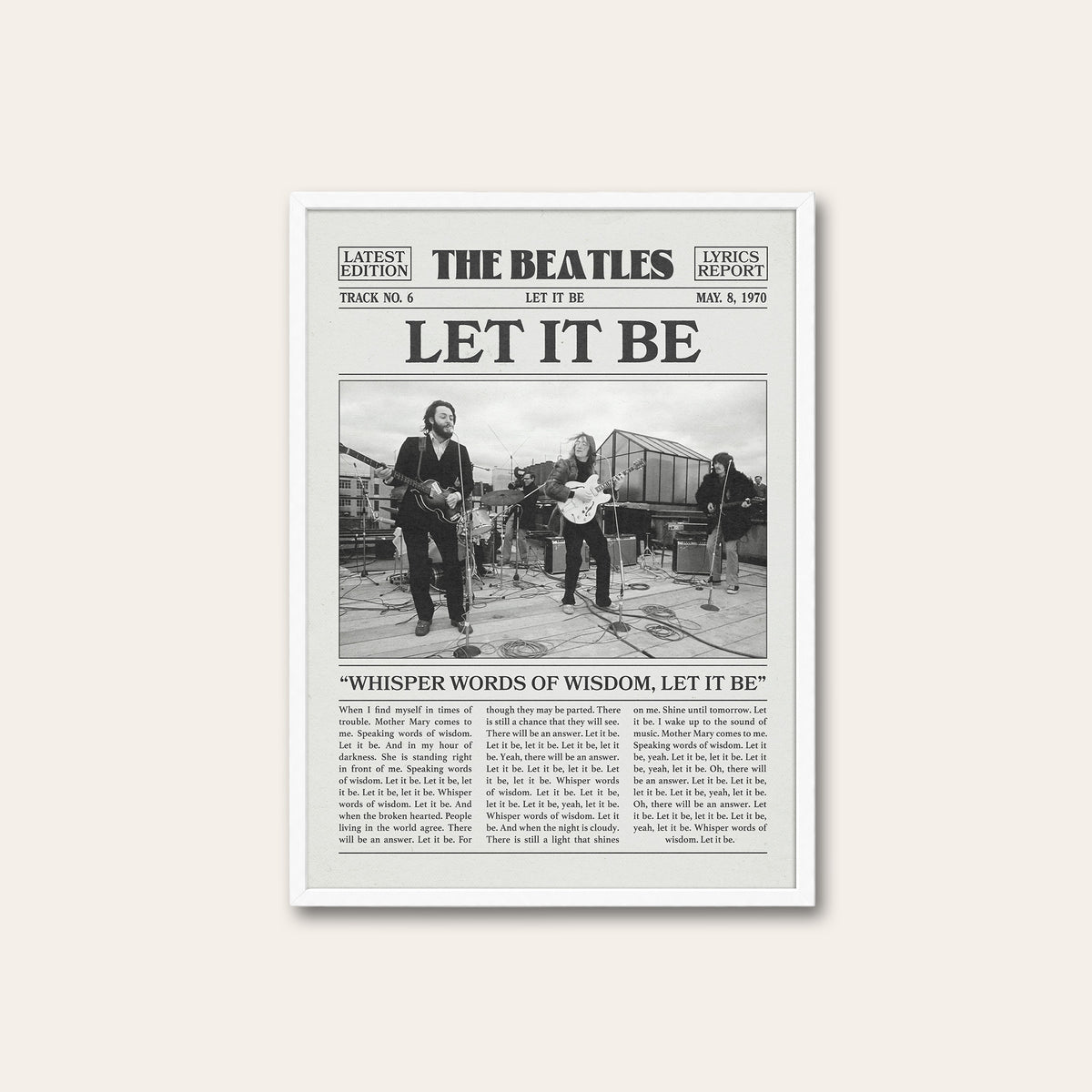 The Beatles Let It Be newspaper poster — white frame