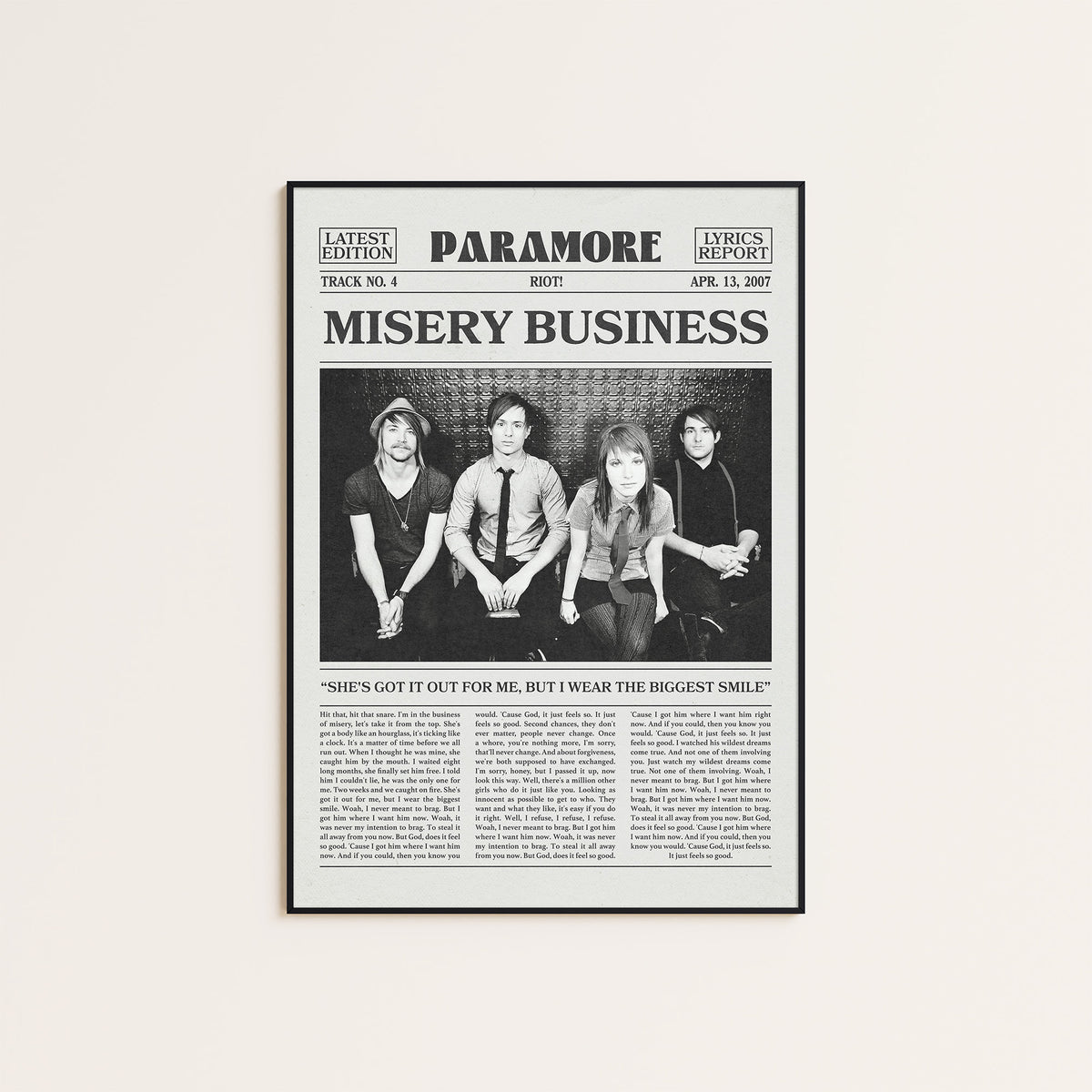 Paramore Misery Business newspaper poster — black frame display