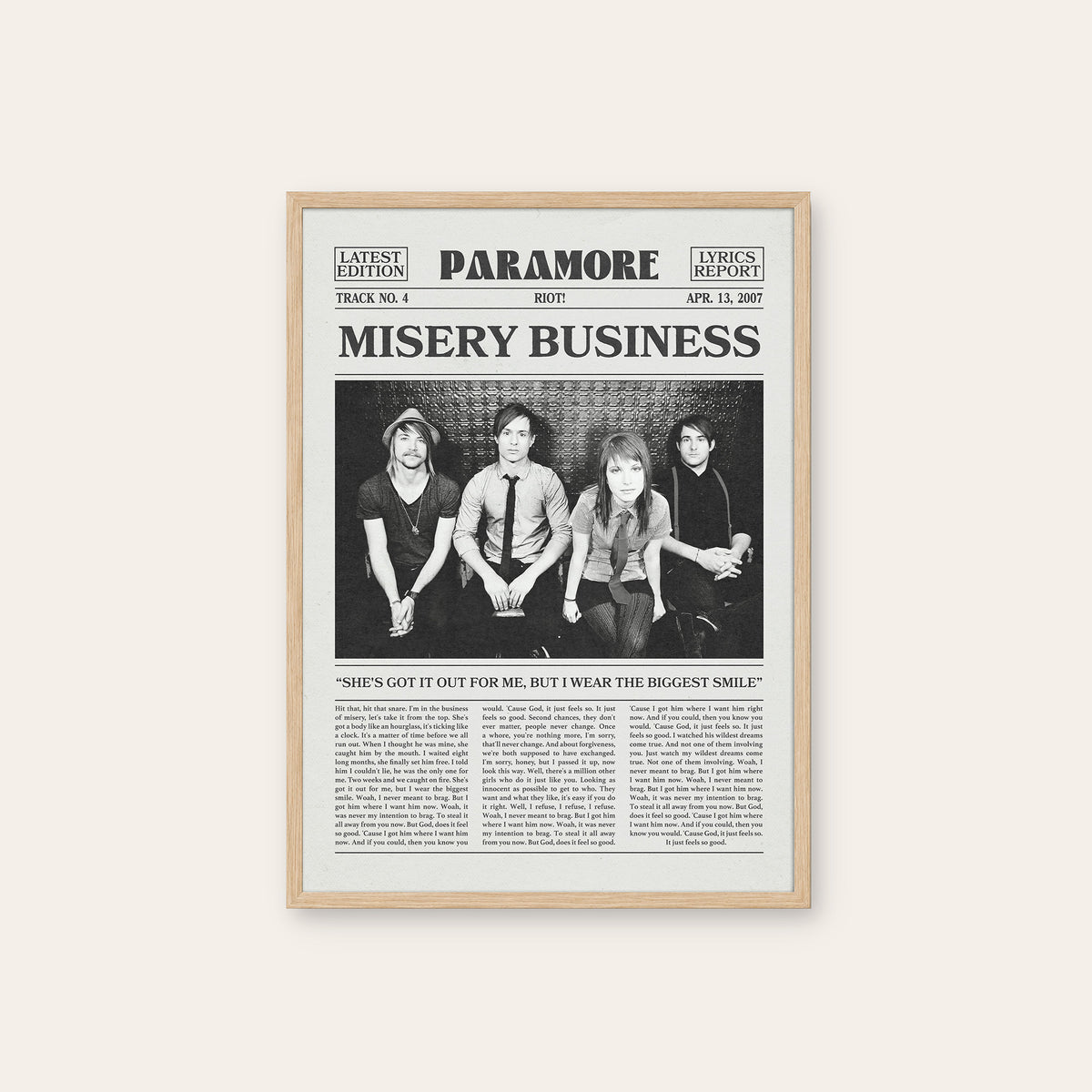 Paramore Misery Business newspaper poster — natural wood frame
