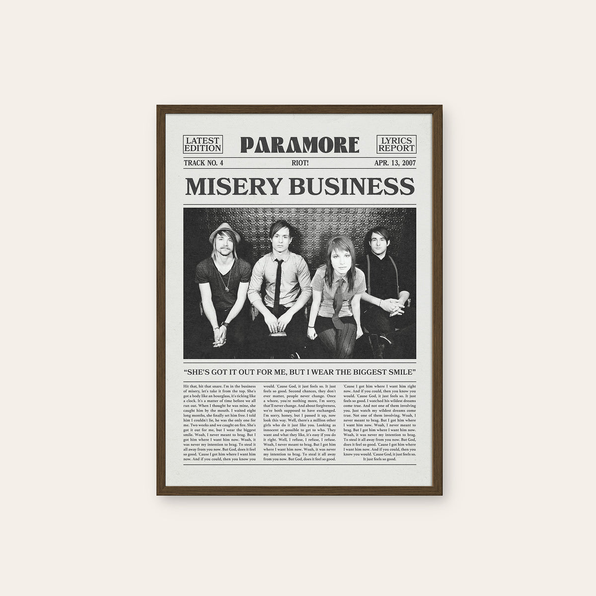 Paramore Misery Business newspaper poster — dark wood frame