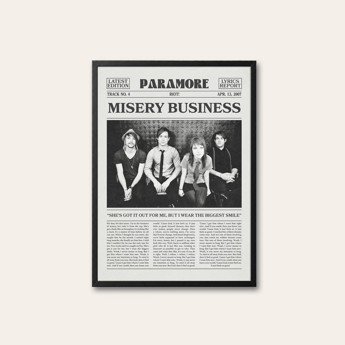 Paramore Misery Business newspaper poster — black frame