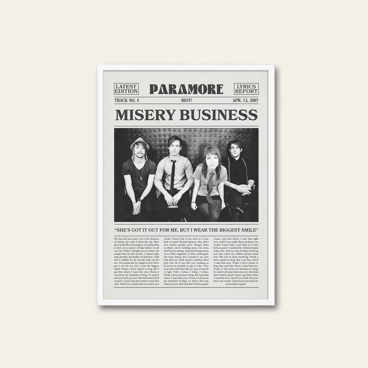 Paramore Misery Business newspaper poster — white frame