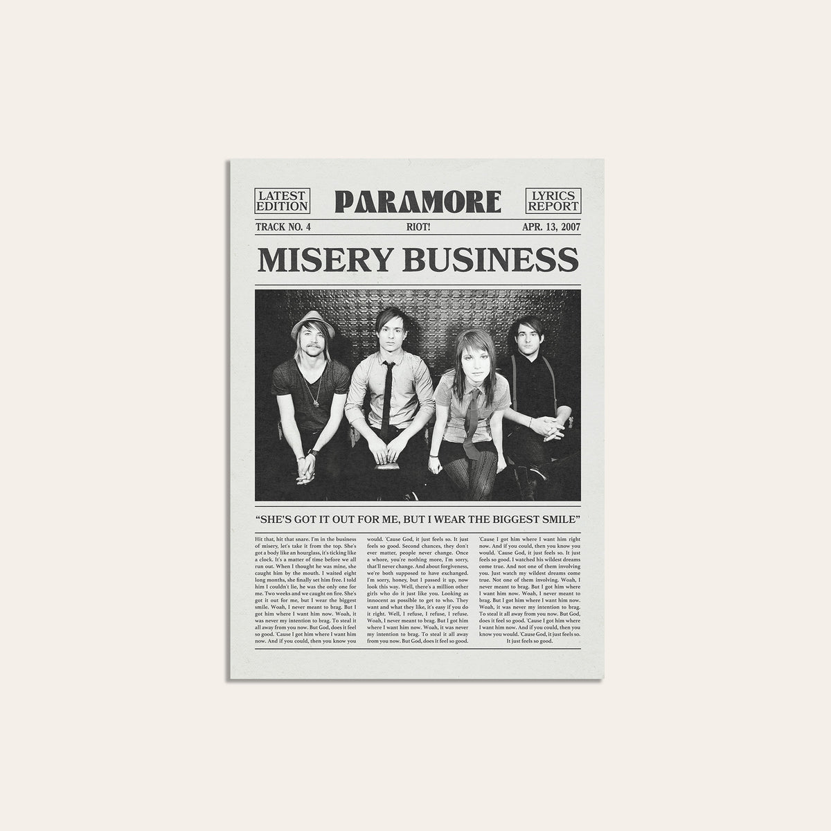 Paramore Misery Business newspaper poster — unframed print