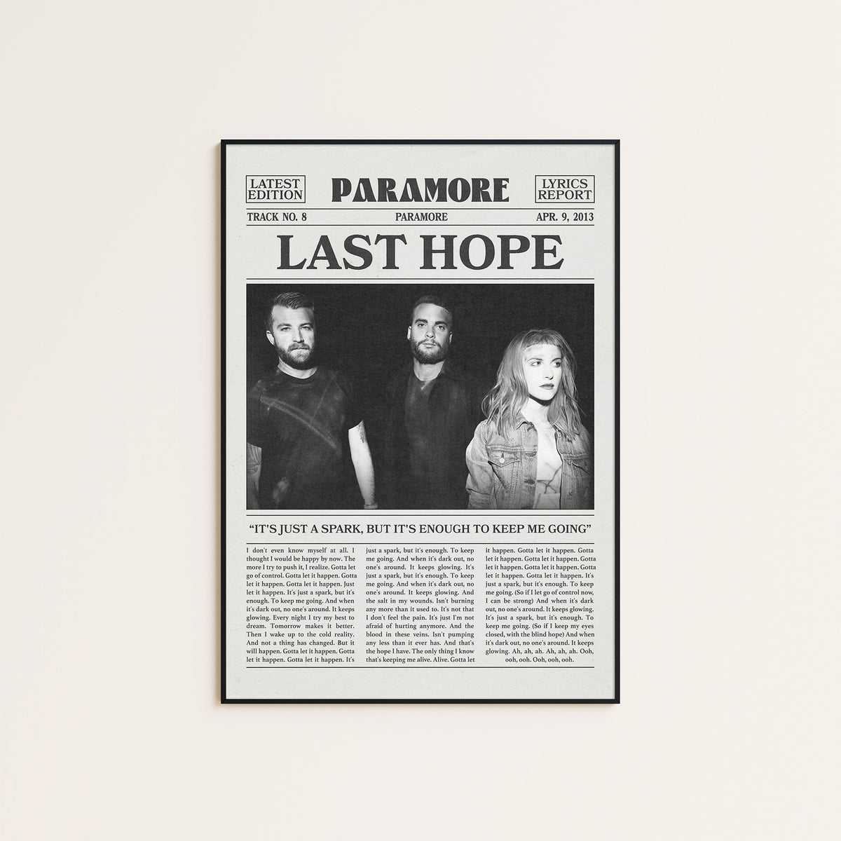 Paramore Last Hope Band Portrait newspaper poster — black frame display