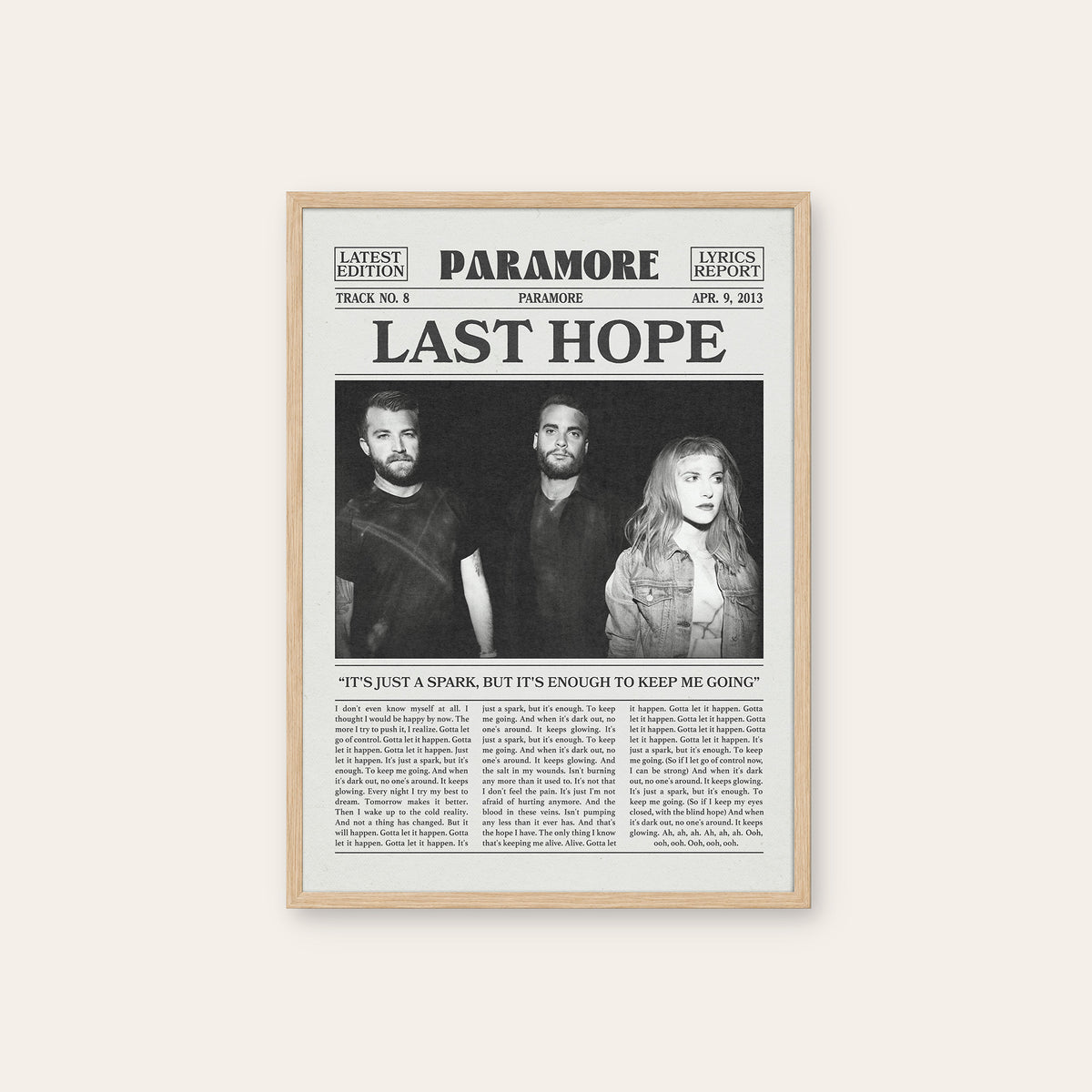 Paramore Last Hope Band Portrait newspaper poster — natural wood frame