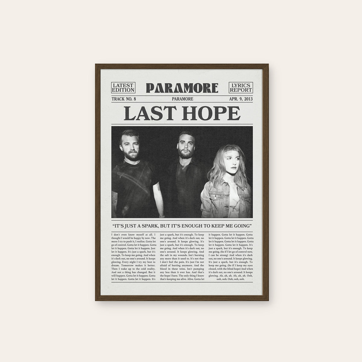 Paramore Last Hope Band Portrait newspaper poster — dark wood frame