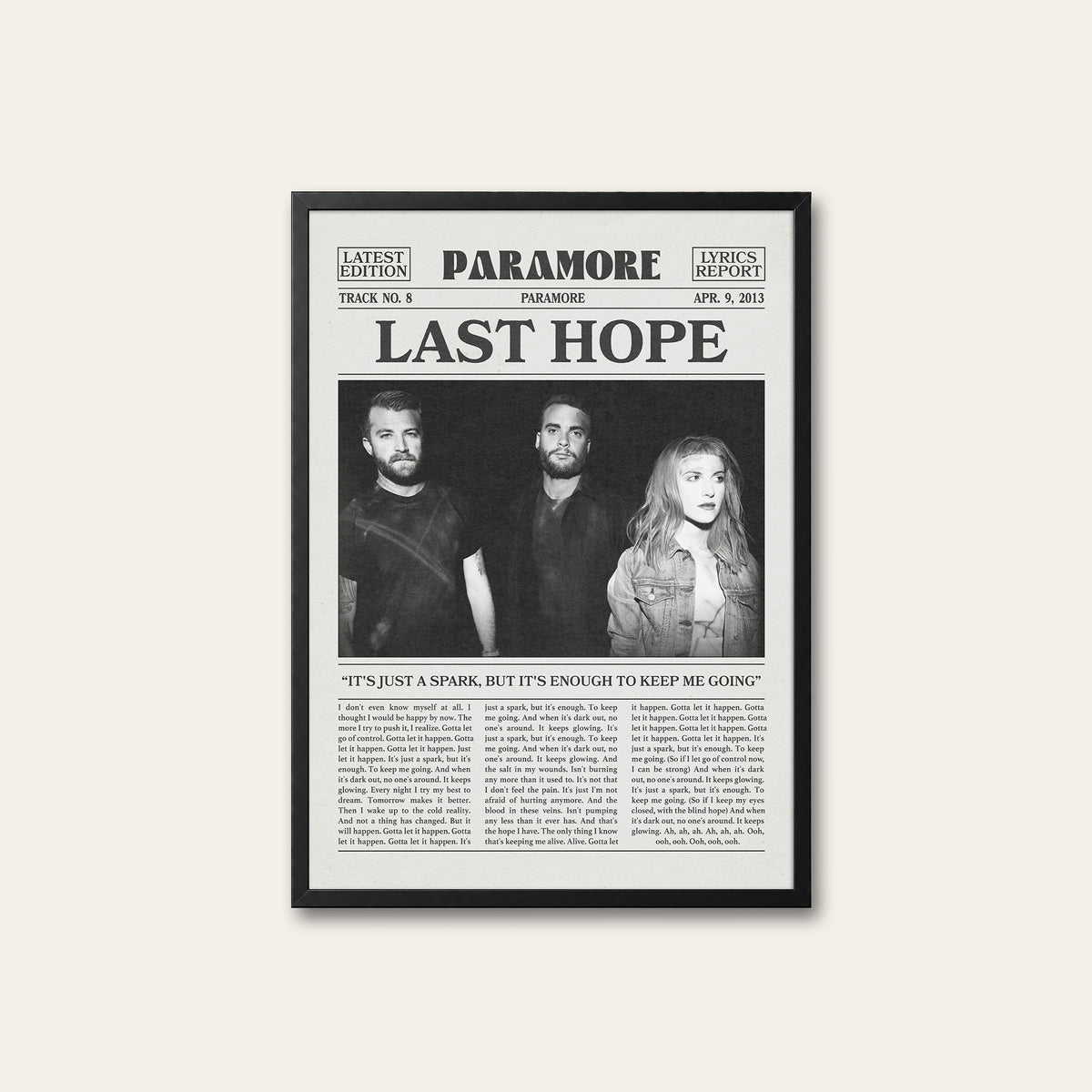 Paramore Last Hope Band Portrait newspaper poster — black frame