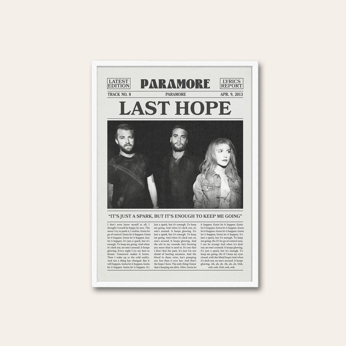 Paramore Last Hope Band Portrait newspaper poster — white frame