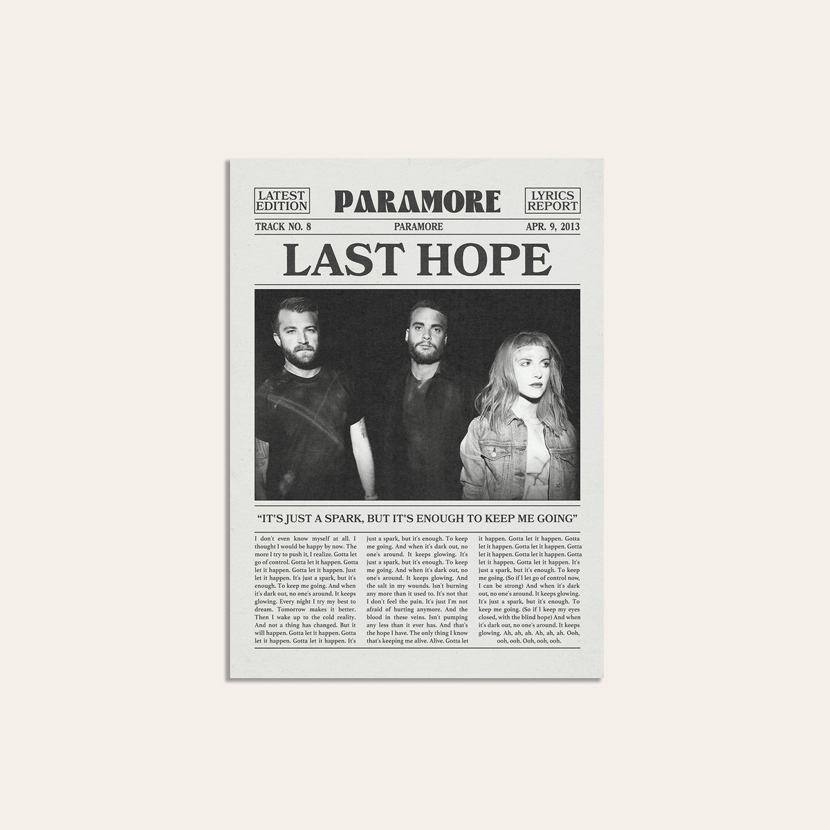 Paramore Last Hope Band Portrait newspaper poster — unframed print