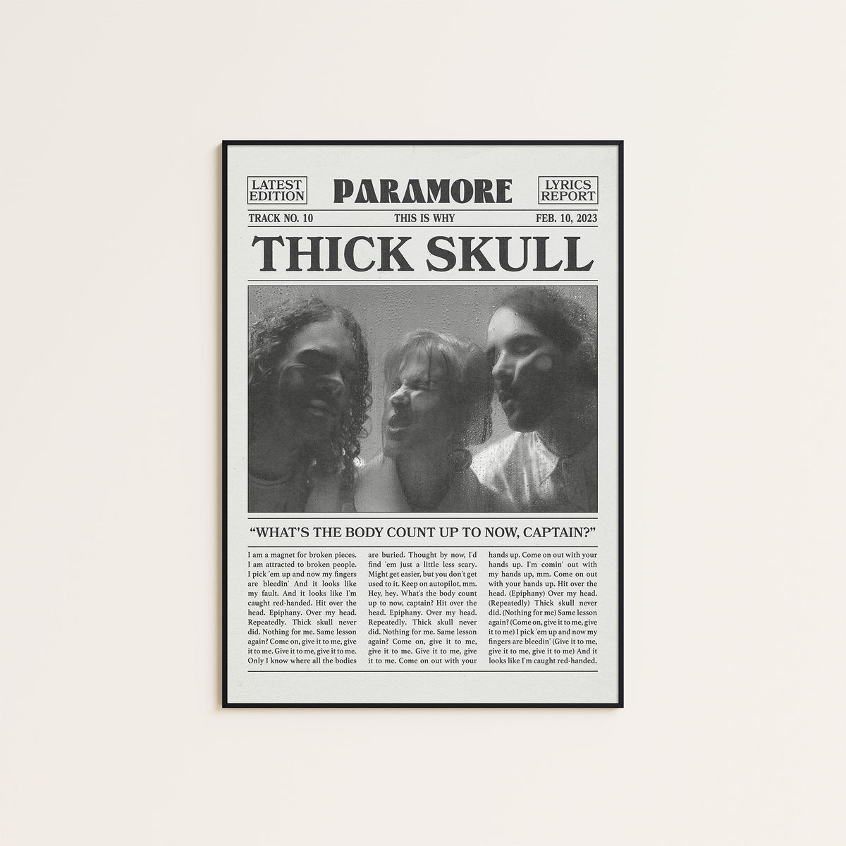 Paramore Thick Skull newspaper poster — black frame display